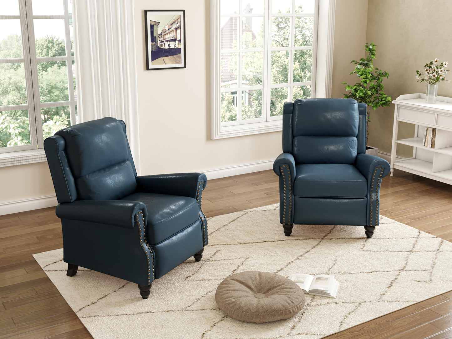 Pushback Recliner Chairs Set of 2, Comfy Fabric Wingback Recliner Chair, Upholstered Armchair Push Back Recliner with Wood Legs, Rivet Trim Accent Chair for Living Room, Bedroom, Blue Stripe