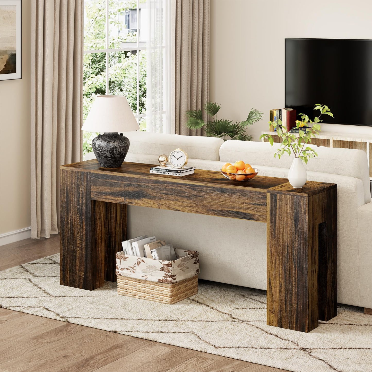 Epecoya Long Sofa Console Table for Entryway Living Room, 63-Inch Farmhouse Wood Behind Couch Table, Rectangular Accent Console with Wooden Double Base for Hallway Foyer Entrance, Rustic Brown