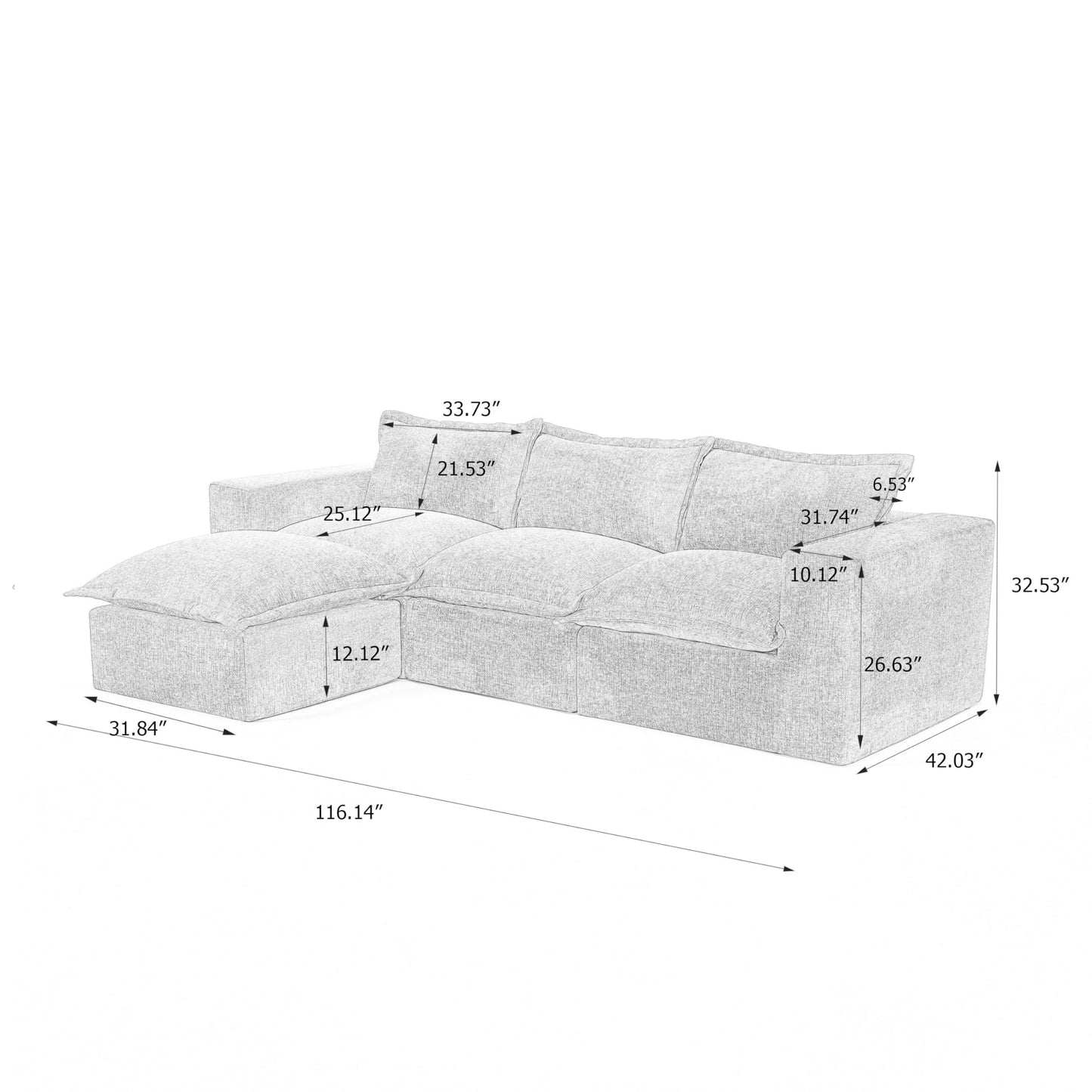 116" Modular Sectional Sofa, Comfy L Shaped Modular Coush Sofa with Ottoman, 3-Seat Chenille Cloud Couches Deep Seat Sofa for Living Room, Apartment, Small Spaces, Beige
