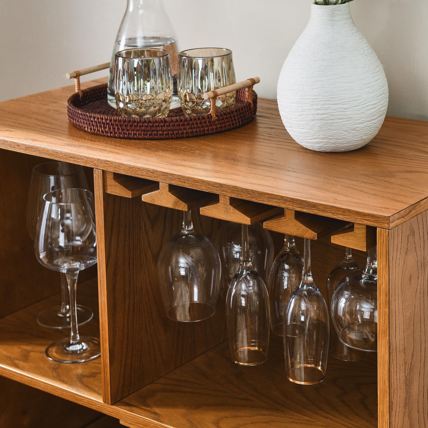 LKTART Wine Cabinet & Coffee Bar with Bottle Holders & Stemware Racks,Liquor Cabinet with Open Storage and Built-in Door Shelves,Bar Cabinet with Solid Wood Legs and Adjustable Shelf