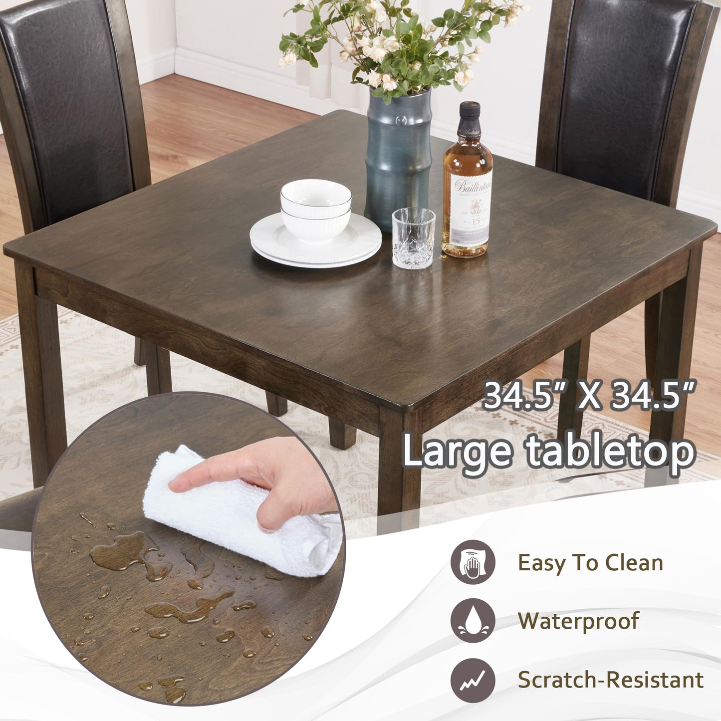 LKTART 5-Piece Kitchen & Dining Room Table and Chairs Sets,Small Square Kitchen Table with 4 Upholstered XX-Shaped Backrest Chairs,Walnut