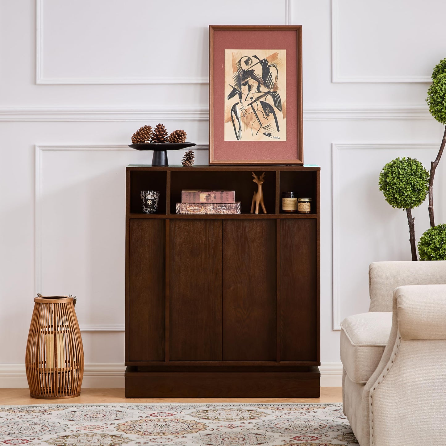 LKTART 63" Rattan Sideboard Buffet Cabinet,Kitchen Storage Cabinet,Wood Coffee Bars with 4 Doors & Open Storage Shelves,Mid Century Modern Credenza Console Table for Living Room,Walnut