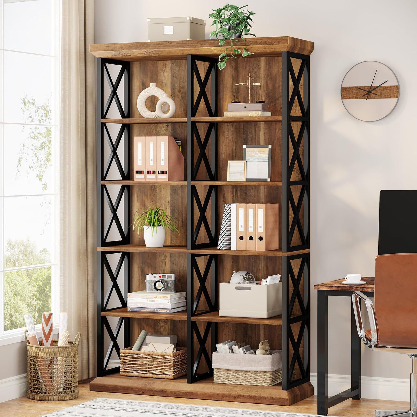 Tribesigns 75 Inch Tall Bookcase, Double Wide Bookshelves and Bookcase, 6-Tier Industrial Book Shelf 6 Shelf Display Storage Shelves for Home Office, Living Room, Bed Room