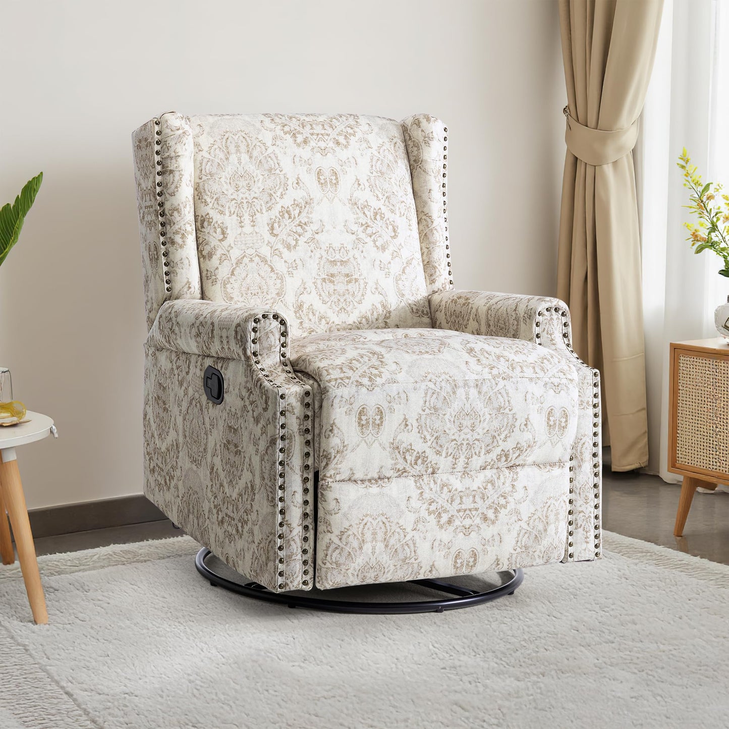 Swivel Rocker Recliner Chair, 360° Swivel Wingback Recliner Chairs for Adults, Upholstered Printed Fabric Glider Rocking Chair with High Back, Deep Seat for Living Romm Bedroom, Bird