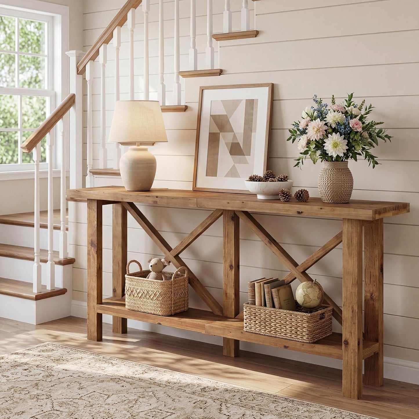 Solid Wood Console Table, 70.9-Inch Long Narrow Entryway Table with Storage, 2-Tier Farmhouse Sofa Console Behind Couch for Hallway, Foyer, Living Room, Entrance, Rustic Brown