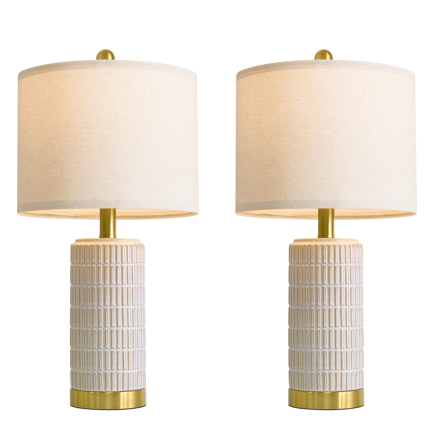PoKat Small Bedside Table Lamps Set of 2 for Bedroom Living Room, 21.5'' Modern Ceramic Nightstand Lamps with Gold Base, Farmhouse Table Lamps for Office End Side Table Console, White and Beige