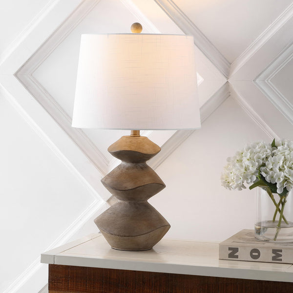 JONATHAN Y 24.5" Brown Wood Finish Coastal 3-Stack Cairn LED Table Lamp for Living Room, White Linen Shade, Rustic Mid-Century Modern Bedside Lamp for Bedroom Office JYL4061A