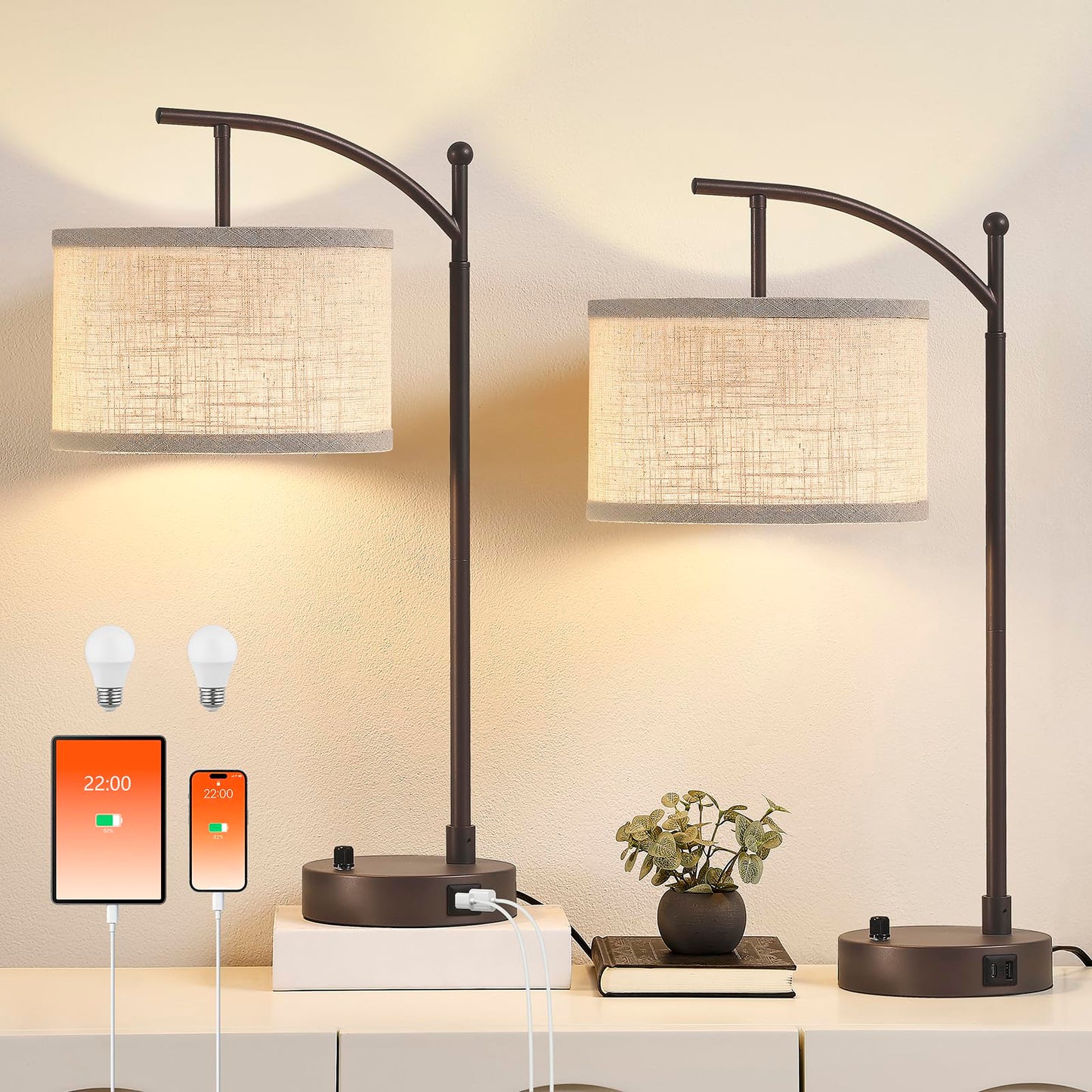 Table Lamp for Living Room Bedroom, 23.5" Table Lamps Set of 2 with USB C+A Ports, Bedside Lamps for Nightstand with Linen Lamp Shades, 2 Dimmable LED Bulbs Included, Black