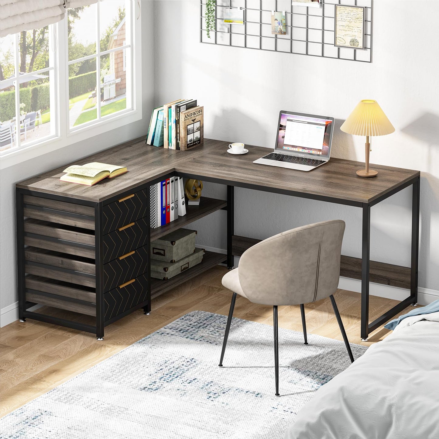 Tribesigns L Shaped Computer Desk with Storage Drawers, 59 inch Corner Desk with Shelves, Reversible L-Shaped Office Desk Study Writing Table Workstation for Home Office, Walnut & White