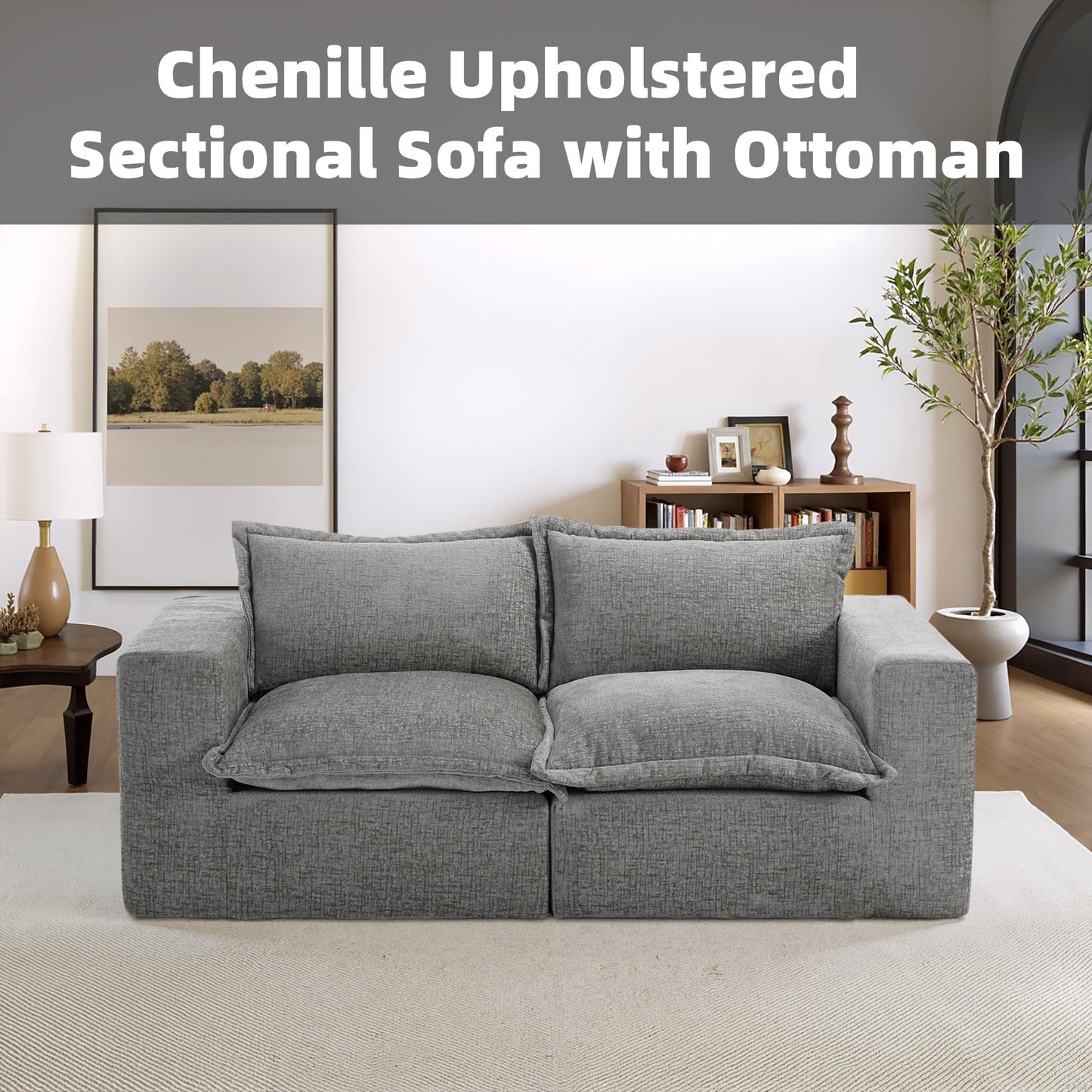 116" Modular Sectional Sofa, Comfy L Shaped Modular Coush Sofa with Ottoman, 3-Seat Chenille Cloud Couches Deep Seat Sofa for Living Room, Apartment, Small Spaces, Beige