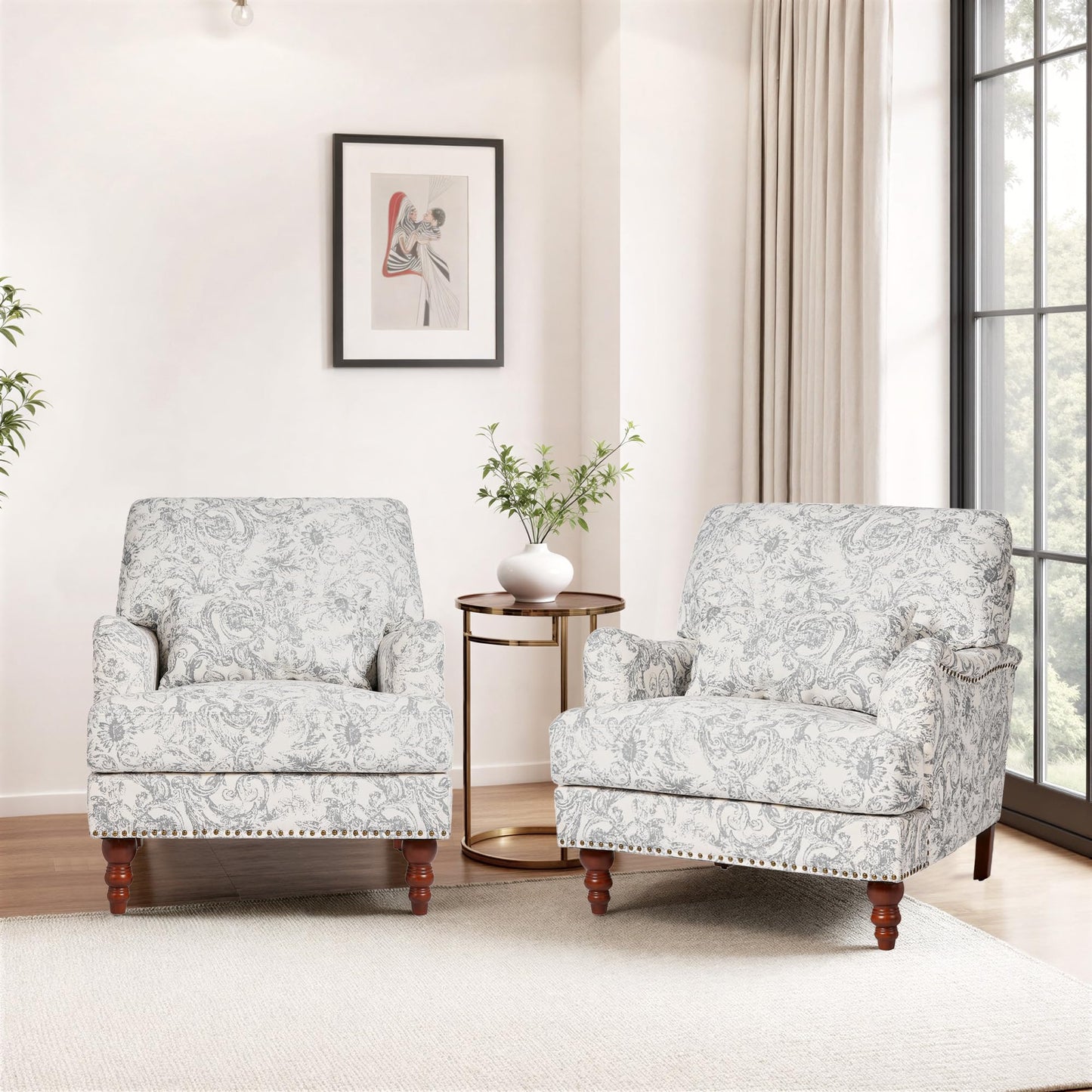 Accent Chair for Living Room, Upholstered Armchair with Nailhead Trim & Solid Wood Legs, Mid Century Modern Club Chair for Bedroom/Reading Room, Rococo Green