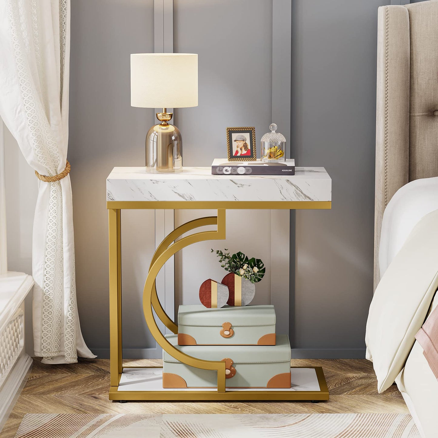 Tribesigns Narrow Side Table for Couch, C Shaped End Table with Metal Frame, Modern Bedside Tables, Small Sofa Tables for Small Spaces, Living Room (1, Brown+Black)