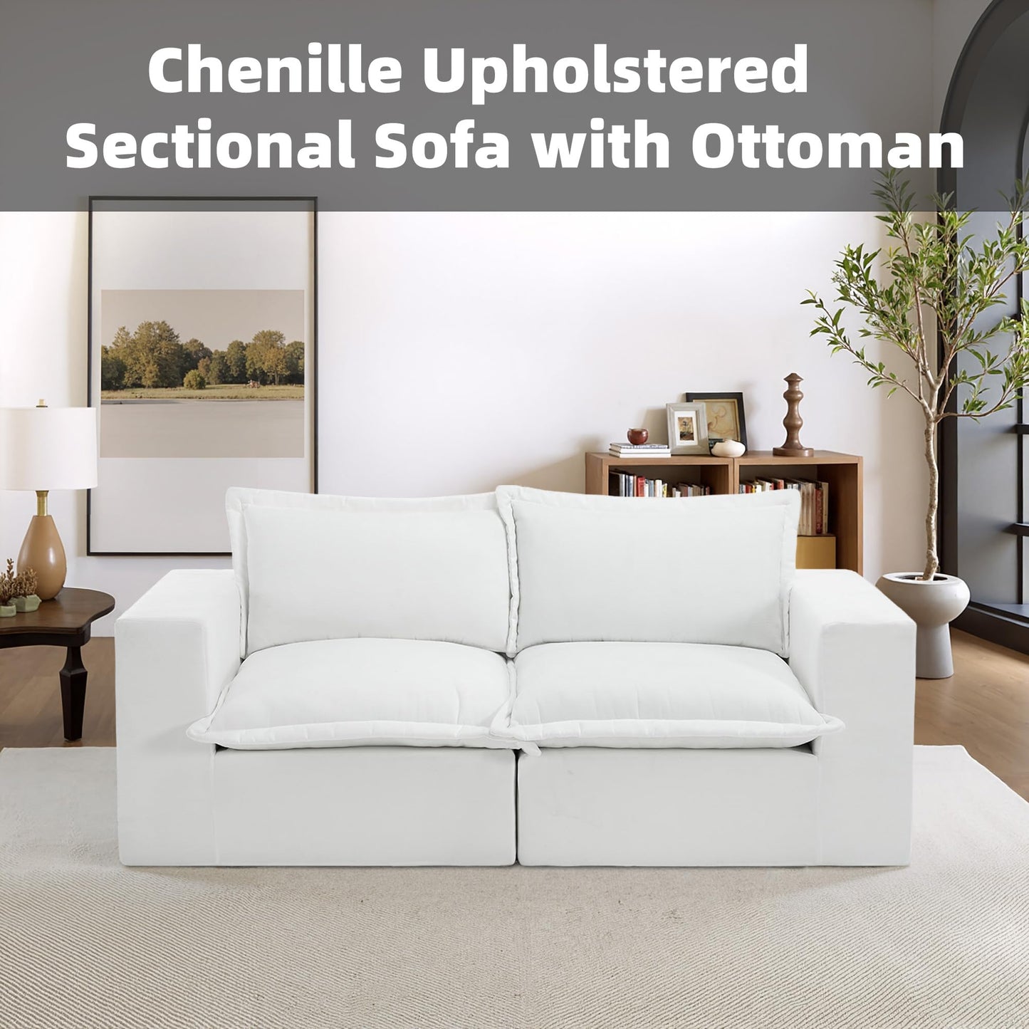 116" Modular Sectional Sofa, Comfy L Shaped Modular Coush Sofa with Ottoman, 3-Seat Chenille Cloud Couches Deep Seat Sofa for Living Room, Apartment, Small Spaces, Beige