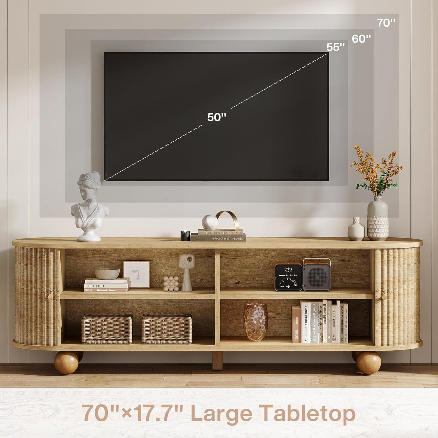 Tribesigns Farmhouse Fluted TV Stand, 70" Extra Long Media Console for TVs up to 65+ Inches, Wooden Entertainment Center with Storage Shelves and Sliding Doors for Living Room, Bedroom, Walnut