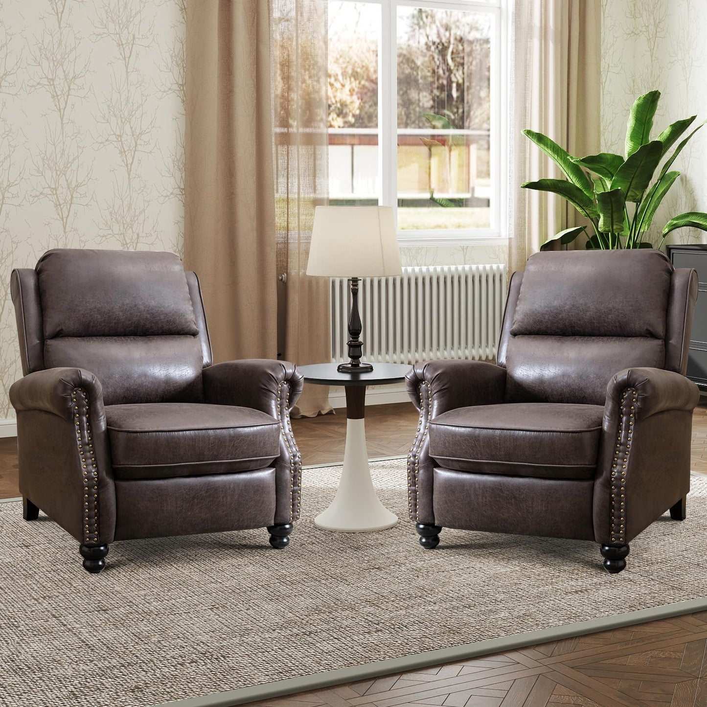 IOMOR Push Back Recliner Chair Faux Leather Lounge Armchair with Rivet Decoration Wingback Single Sofa Chair with Padded Seat Solid Wood Legs for Living Room, Comfy Upholstered, Red Brown
