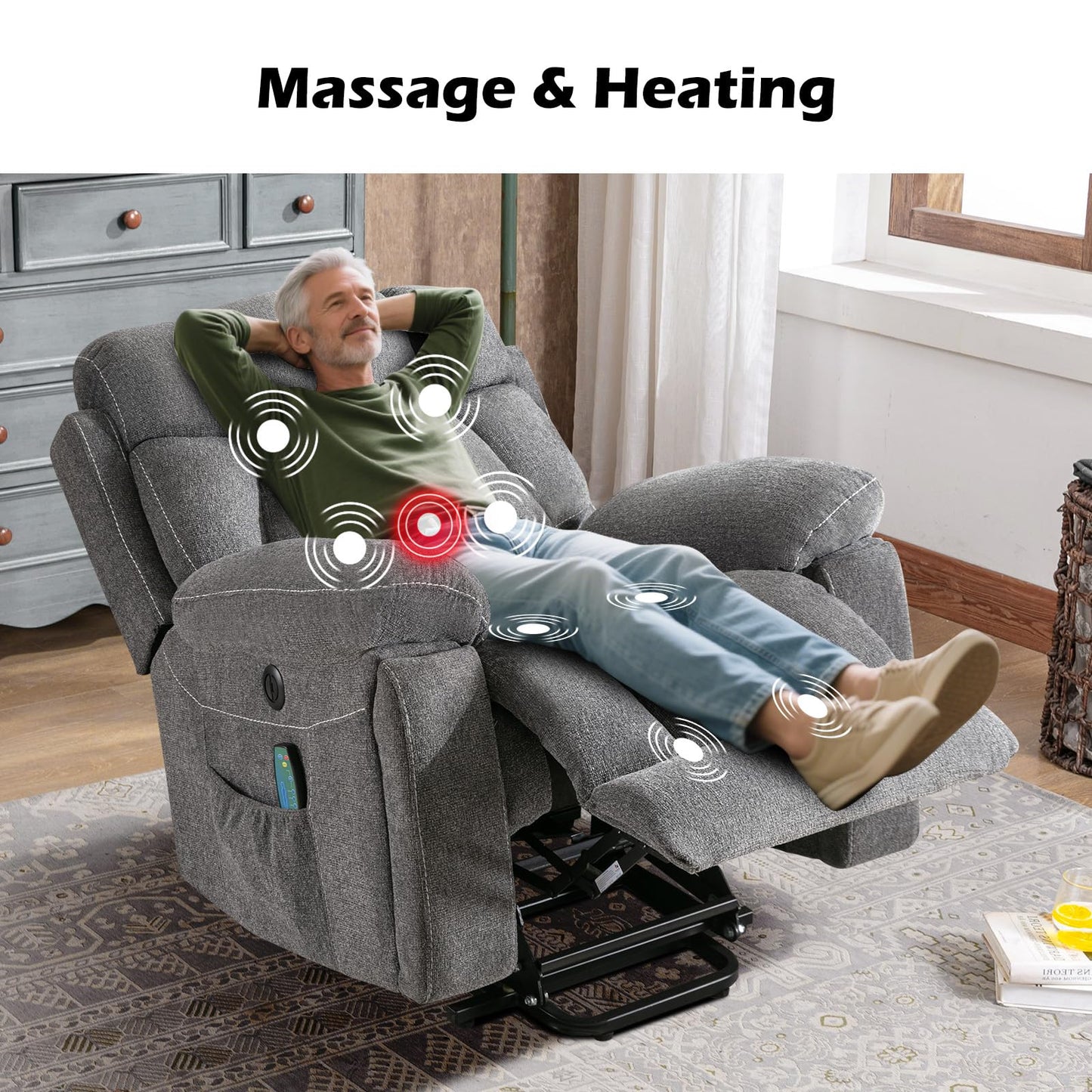 IOMOR Large Power Lift Recliner Chair for Elderly with Massage and Heat, Electric Lift Recliner Single Sofa with with 2 Cup Holders, Side Pocket & USB Charge Port for Living Room (1, Dark Gray)