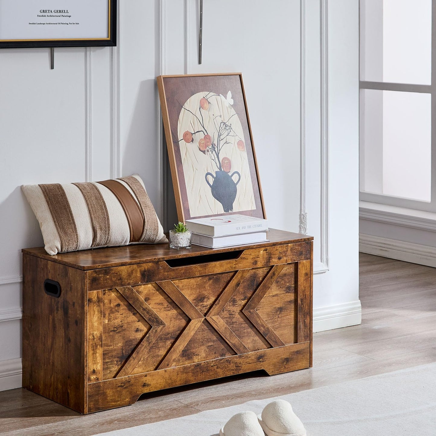 47.2” Storage Bench,Extra Large Wooden Storage Chest with 2 Safety Hinges,entryway Bench,Blanket Storage,Shoe Storage Bench for Entryway,Bedroom,Living Room,Easy Assembly.-Greige