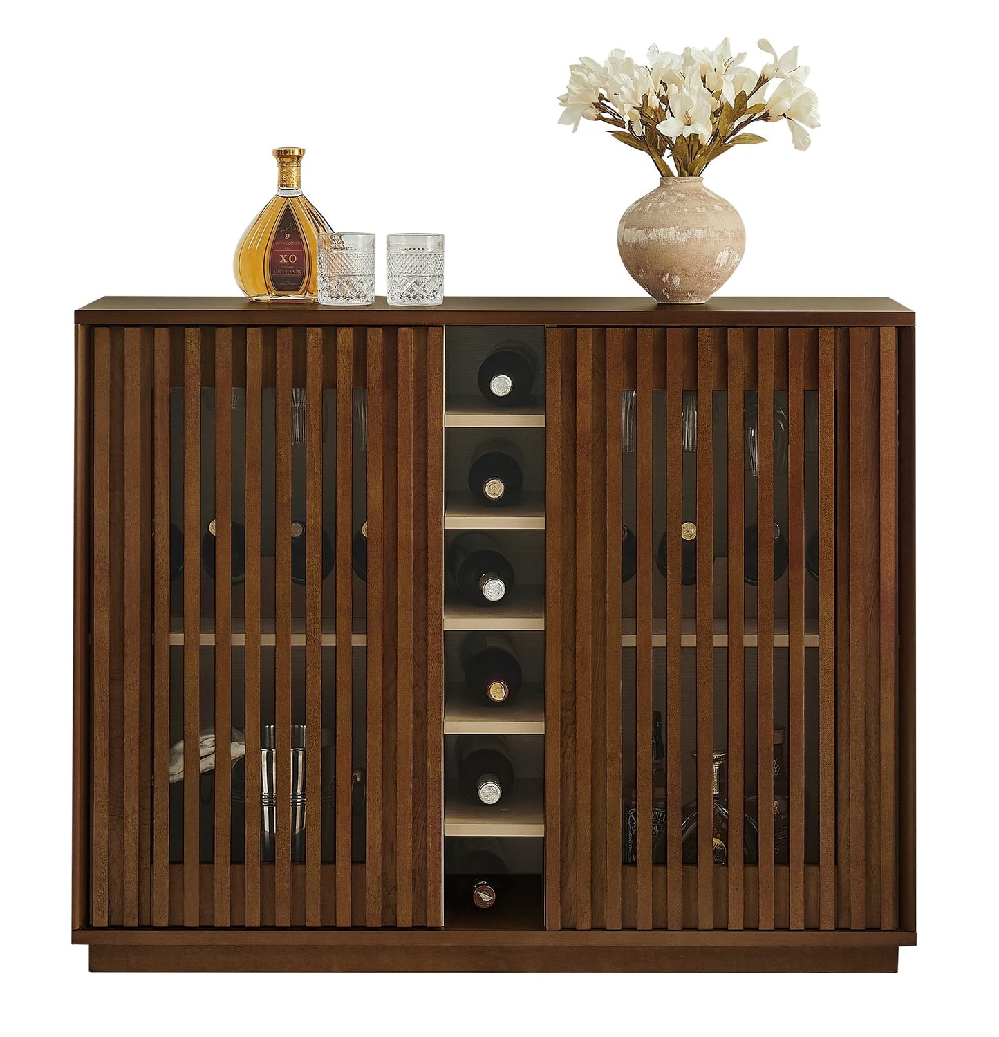 LKTART Wine Cabinet & Coffee Bar with Bottle Holders & Stemware Racks,Liquor Cabinet with Open Storage and Built-in Door Shelves,Bar Cabinet with Solid Wood Legs and Adjustable Shelf
