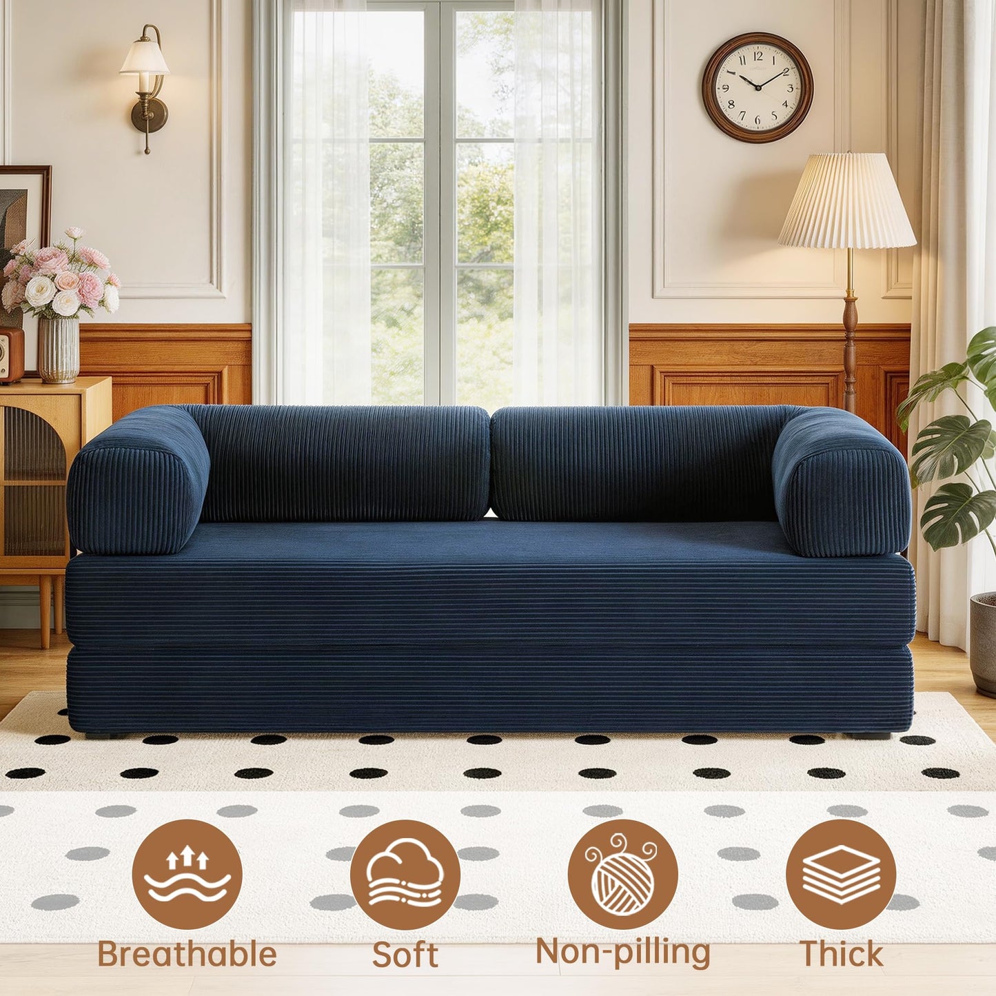 79'' Convertible Sleeper Sofa Bed, 4-in-1 Corduroy Folding Floor Couch, No Assembly Modular Boneless Loveseat with Pull Out Bed, Comfy Foldable Sofa Bed for Living Room Bedroom Guest Room, Gray