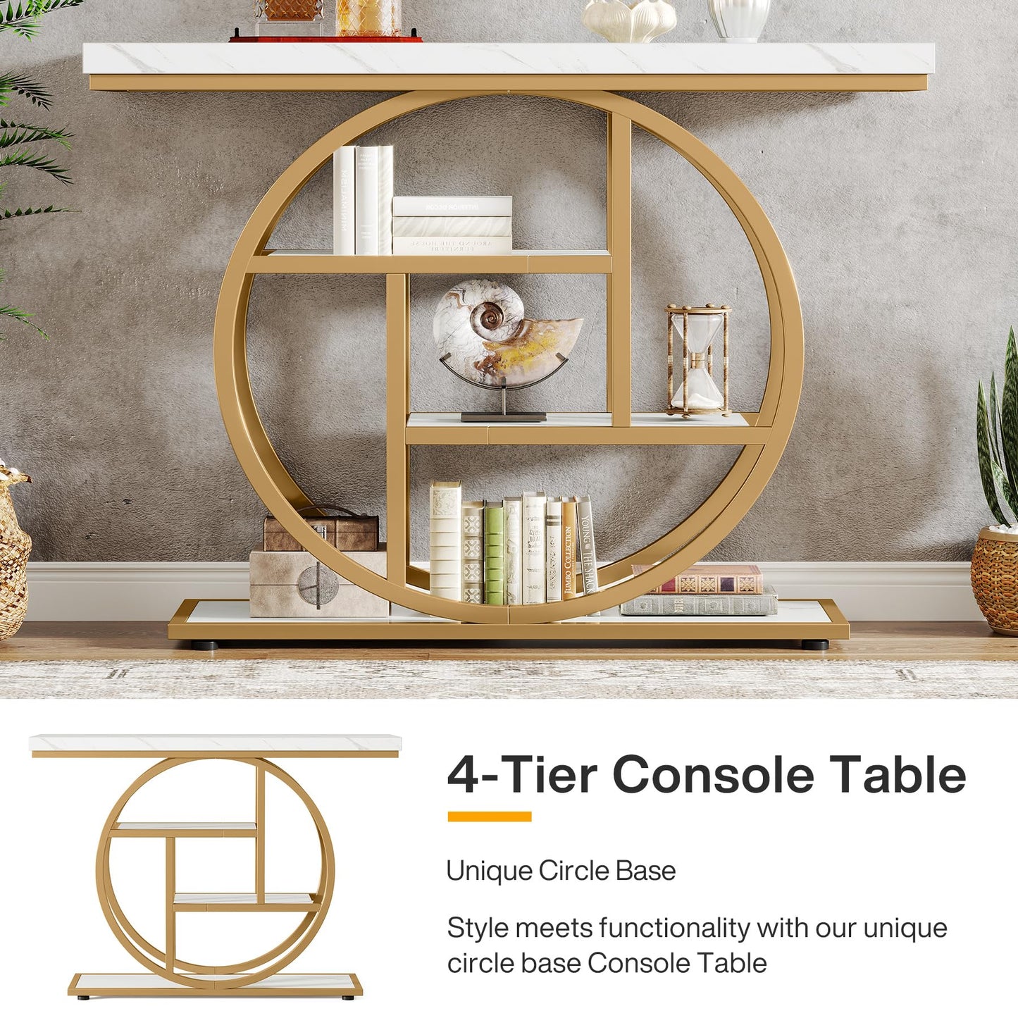 Tribesigns 41.3" Console Table, Industrial 4-Tier Sofa Table Entryway Table with Circle Base, Narrow Wood Accent Tables with Storage Shelves for Living Room, Hallway, Foyer, Rustic Brown