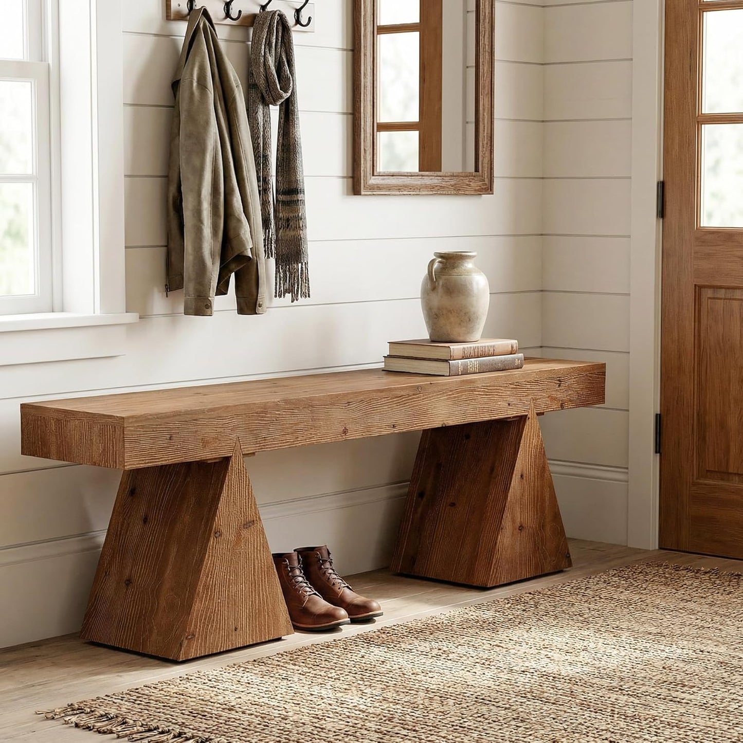 Solid Wood Bench-63 Rustic Indoor End of Bed Bench, Farmhouse Entryway Benches with Triangle Base for Bedroom, Hallway, Kitchen (Rustic Brown)