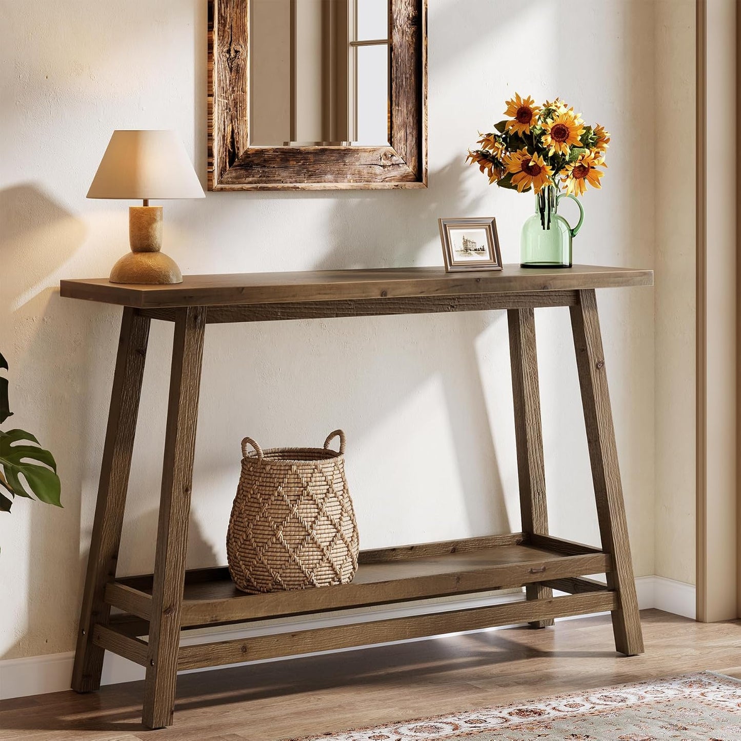 41.3" Farmhouse Console Table, Solid Wood Entryway Table with Storage Shelf, 2 Tiers of Narrow Behind Couch Sofa Furniture for Living Room, Hallway, Foyer, Easy Assembly, Brown