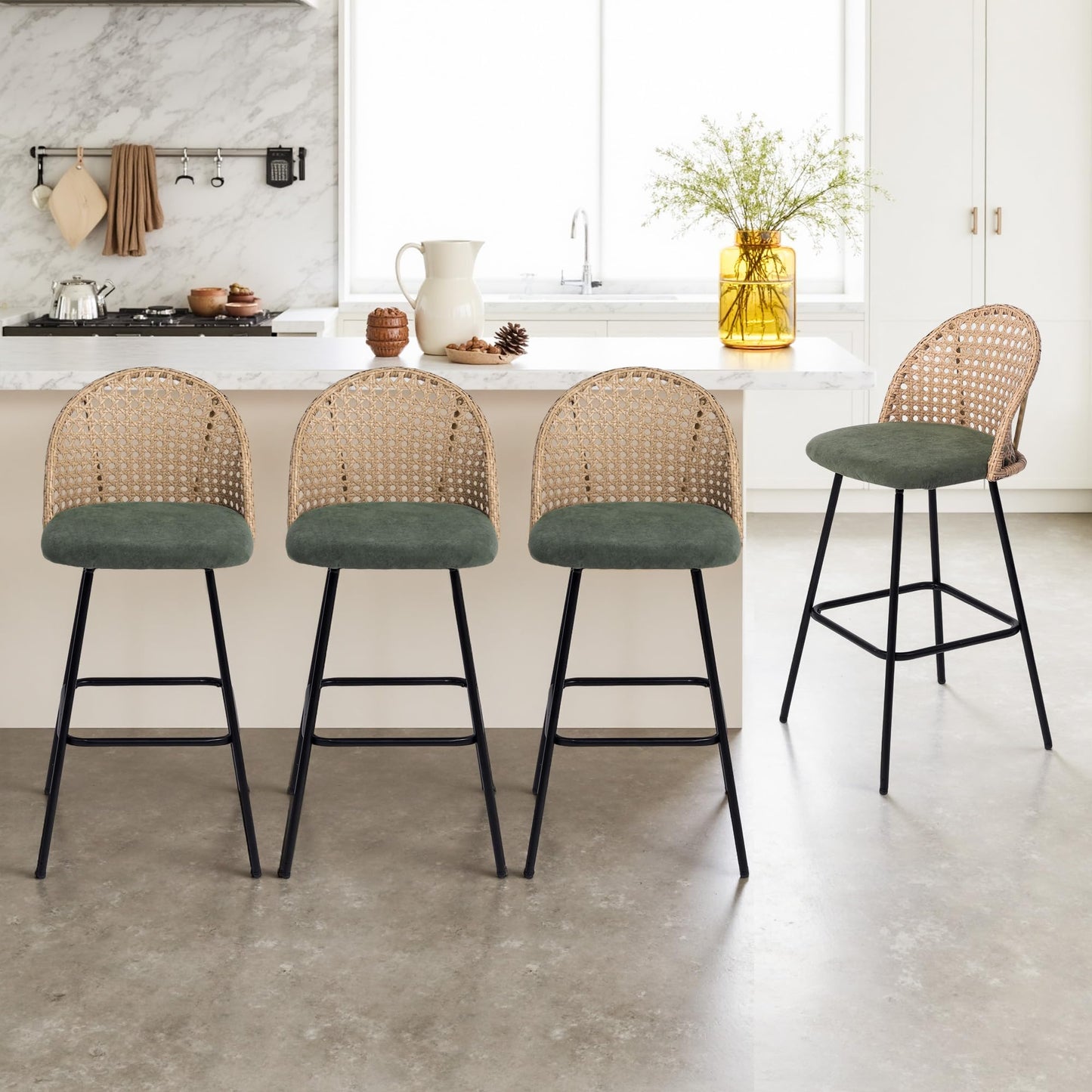 28.7" Swivel Bar Stools Set of 2, Mid Century Modern Counter Height Barstools with Rattan Backrest, Upholstered Chenille Armless Bar Chair Island Stools for Kitchen Island, Bar, Beige