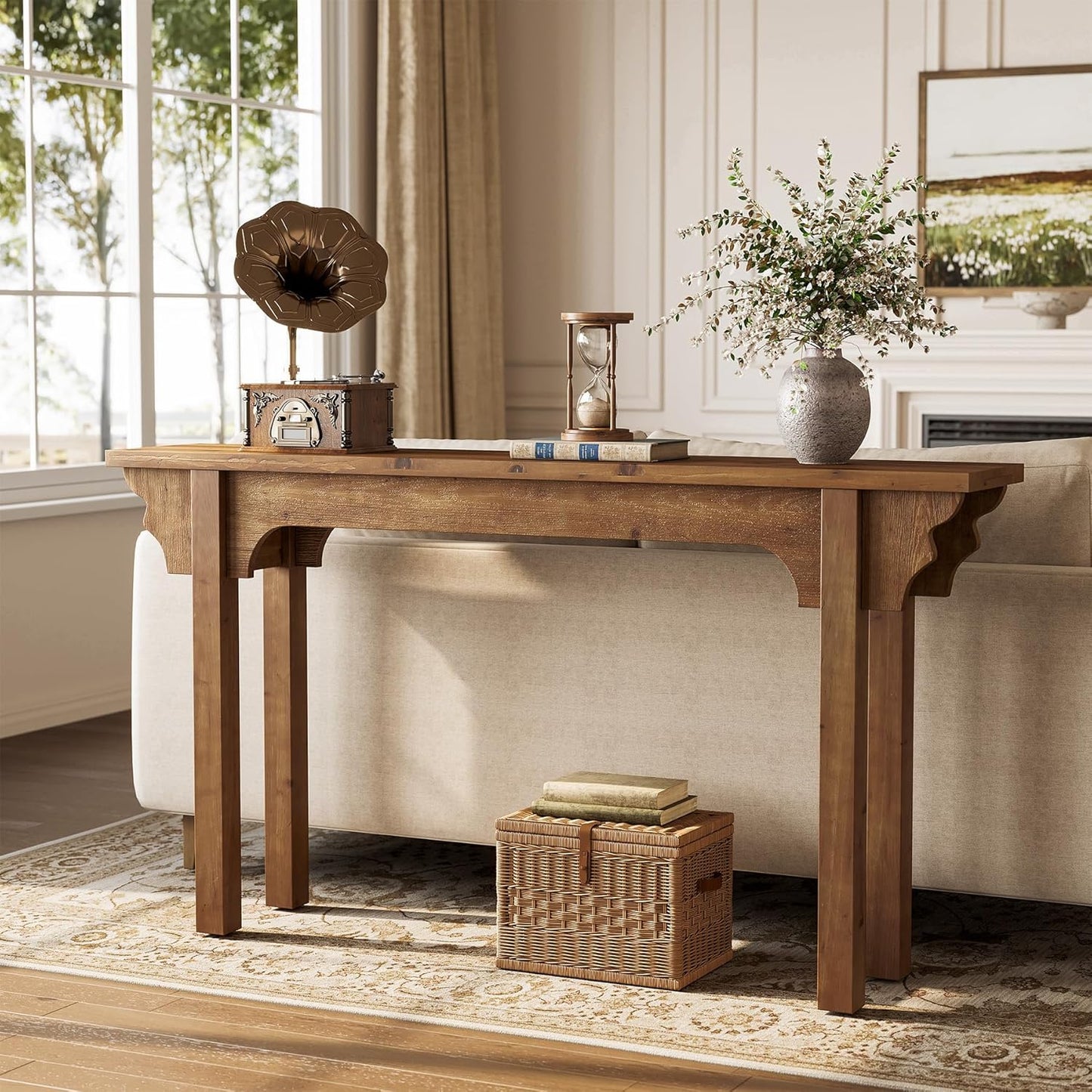 63" Solid Wood Console Table, Mid-Century Modern Entryway Table for Living Room, Hallway, Foyer