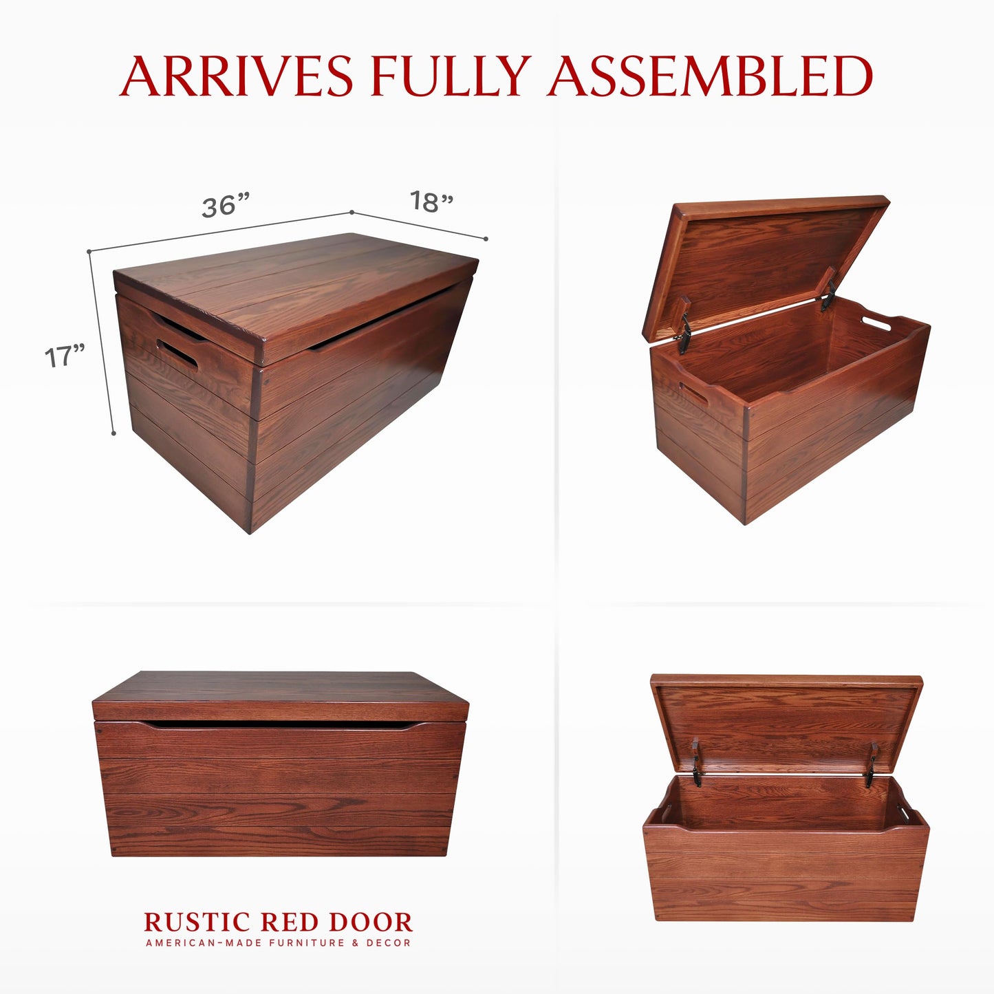 Wooden Storage Chest Trunk Box with Lid and Handles. Handmade, Rustic, Oak Wood, Cherry Stain, 30"
