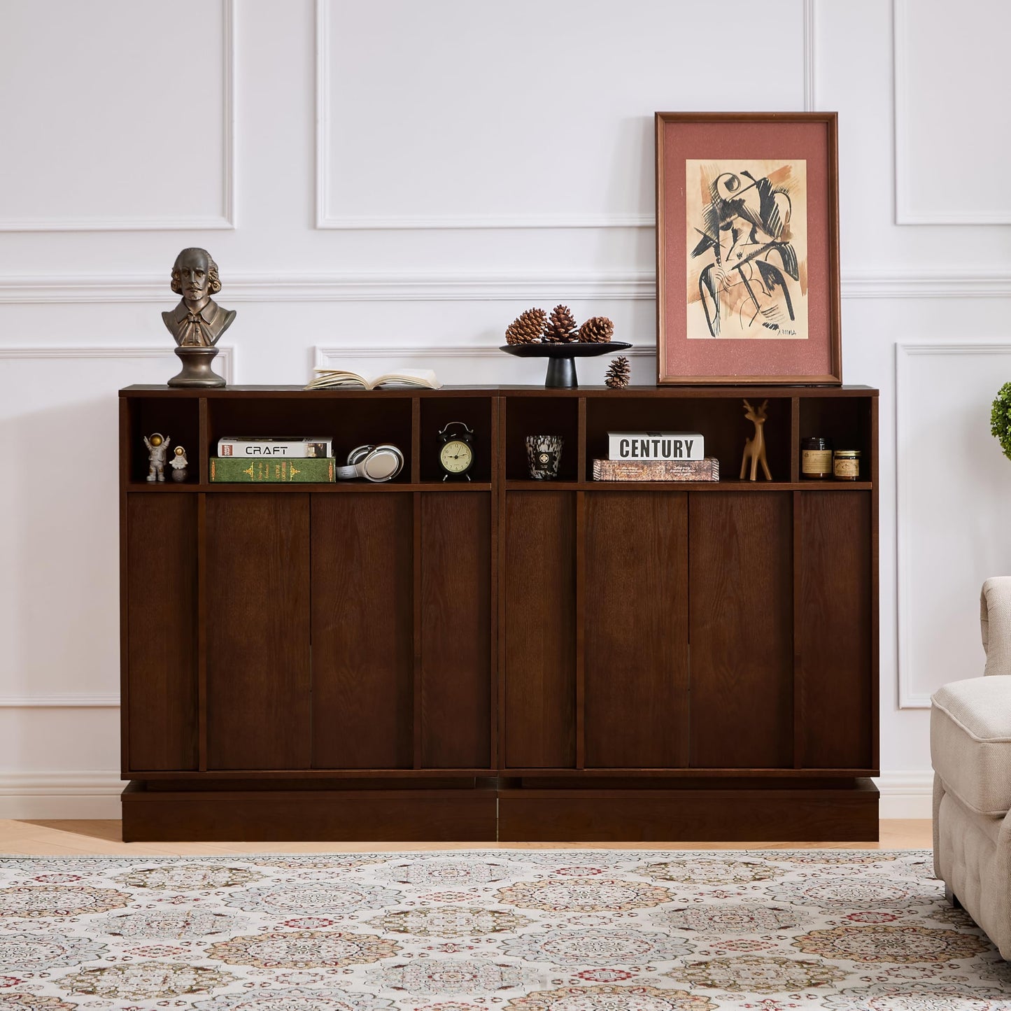 LKTART 63" Rattan Sideboard Buffet Cabinet,Kitchen Storage Cabinet,Wood Coffee Bars with 4 Doors & Open Storage Shelves,Mid Century Modern Credenza Console Table for Living Room,Walnut