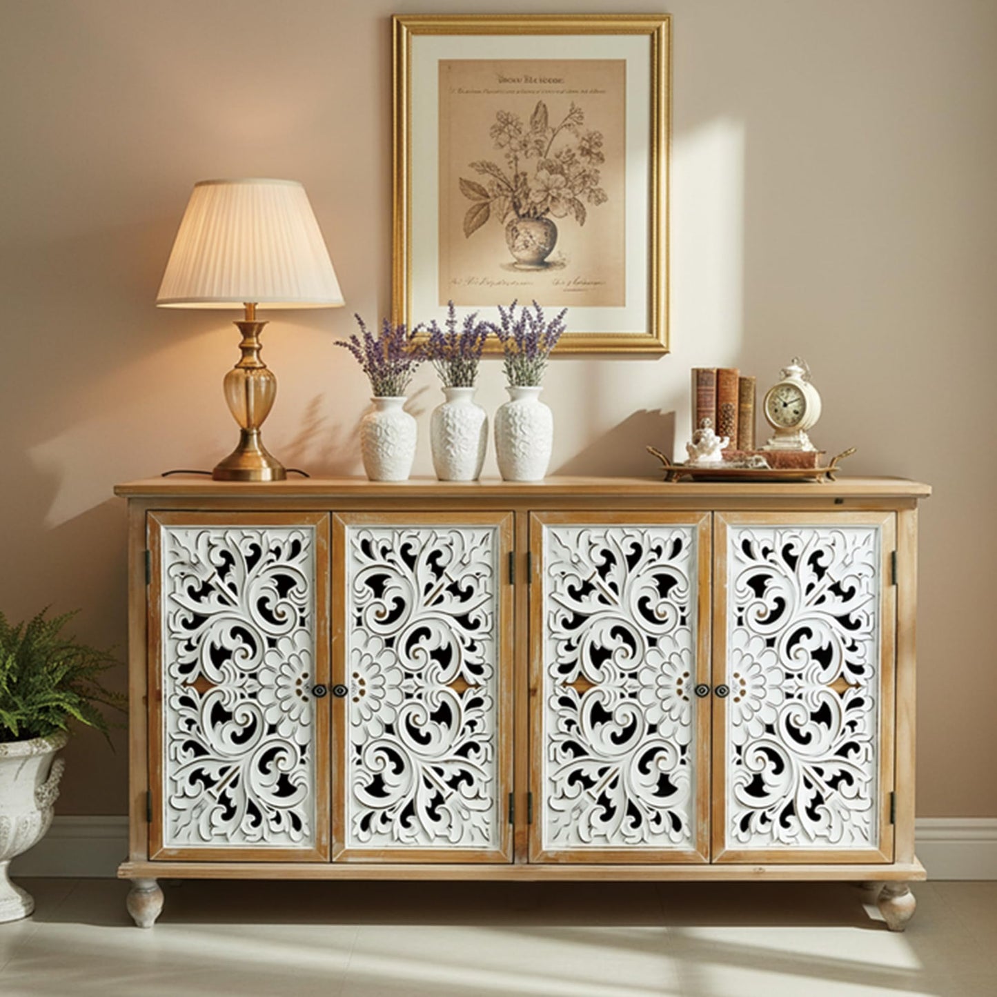 LKTART 60" Farmhouse Sideboard Buffet,Solid Fir Wood Frame with Hollowed-Out Carved Doors,Hand-Distressed Design,Versatile Storage Cabinet for Kitchen, Living Room,Natural Wood