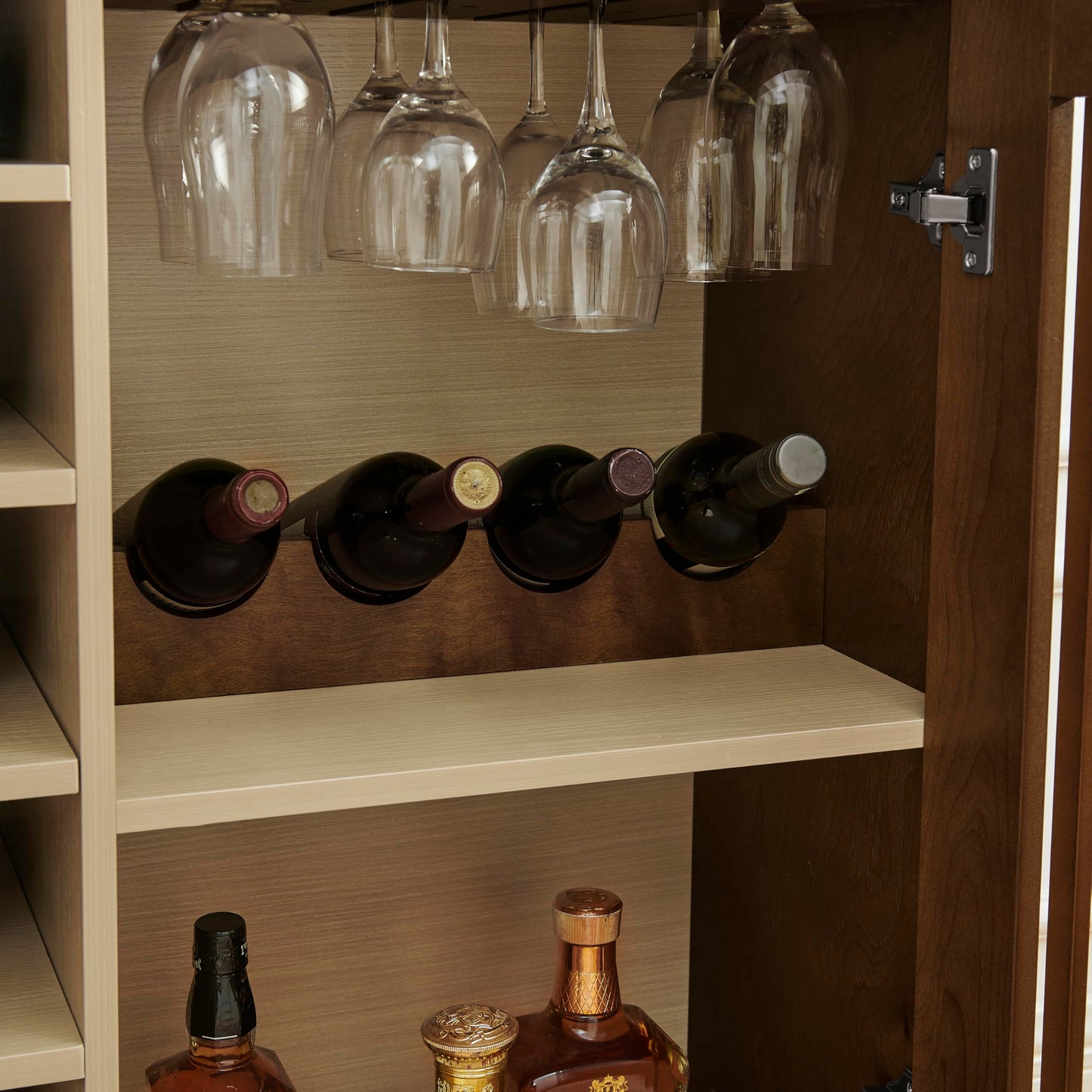 LKTART Wine Cabinet & Coffee Bar with Bottle Holders & Stemware Racks,Liquor Cabinet with Open Storage and Built-in Door Shelves,Bar Cabinet with Solid Wood Legs and Adjustable Shelf