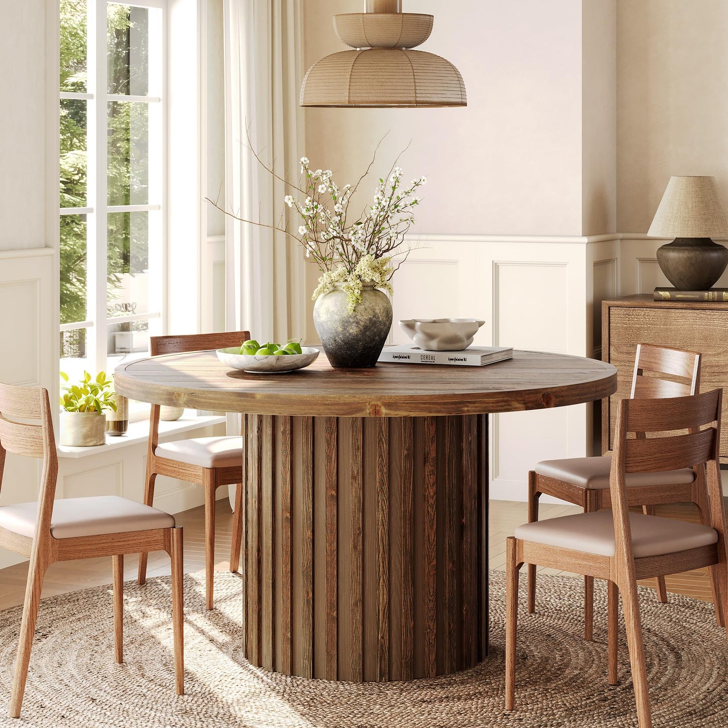 47" Solid Wood Dining Table for 4-6, Farmhouse Round Kitchen Table with Striped Pedestal Base, Circle Wooden Dining Room Furniture for Kitchen Living Room, Wood Tabletop+MDF Pedestal Base
