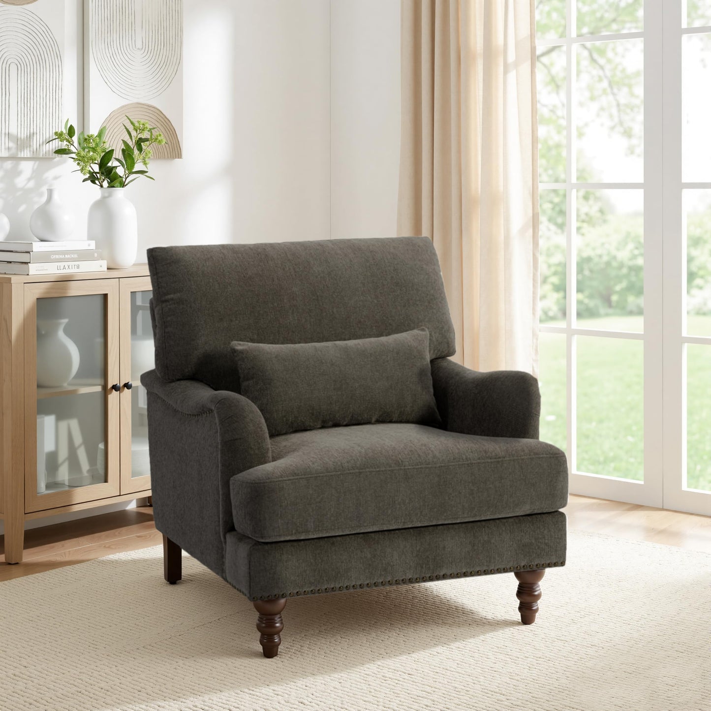 Accent Chair for Living Room, Upholstered Armchair with Nailhead Trim & Solid Wood Legs, Mid Century Modern Club Chair for Bedroom/Reading Room, Rococo Green