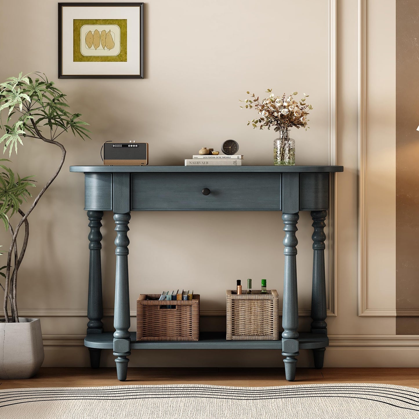 LKTART Small Solid Wood Sofa Table,Console Table with Drawers and Bottom Shelf, Entryway Hallway Foyer Entry Table for Living Room(23.7" Natural)