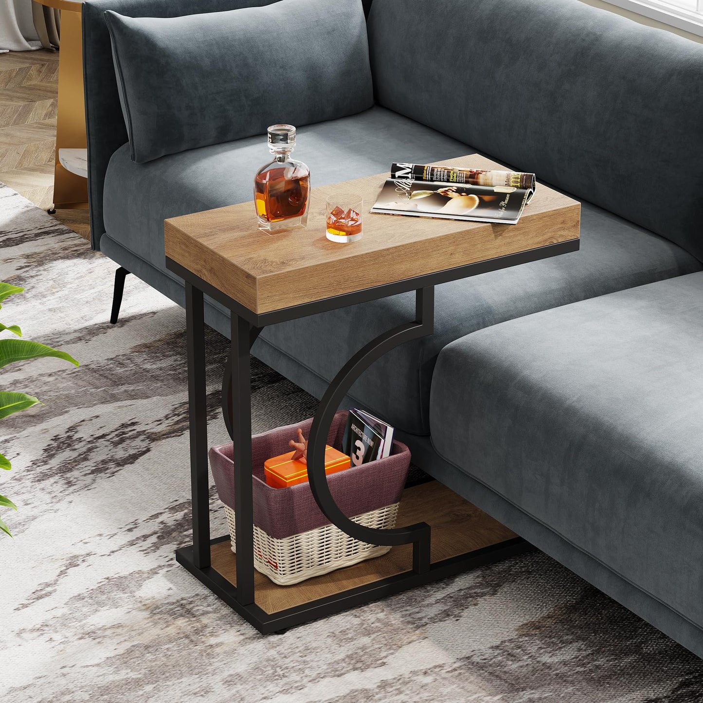 Tribesigns Narrow Side Table for Couch, C Shaped End Table with Metal Frame, Modern Bedside Tables, Small Sofa Tables for Small Spaces, Living Room (1, Brown+Black)