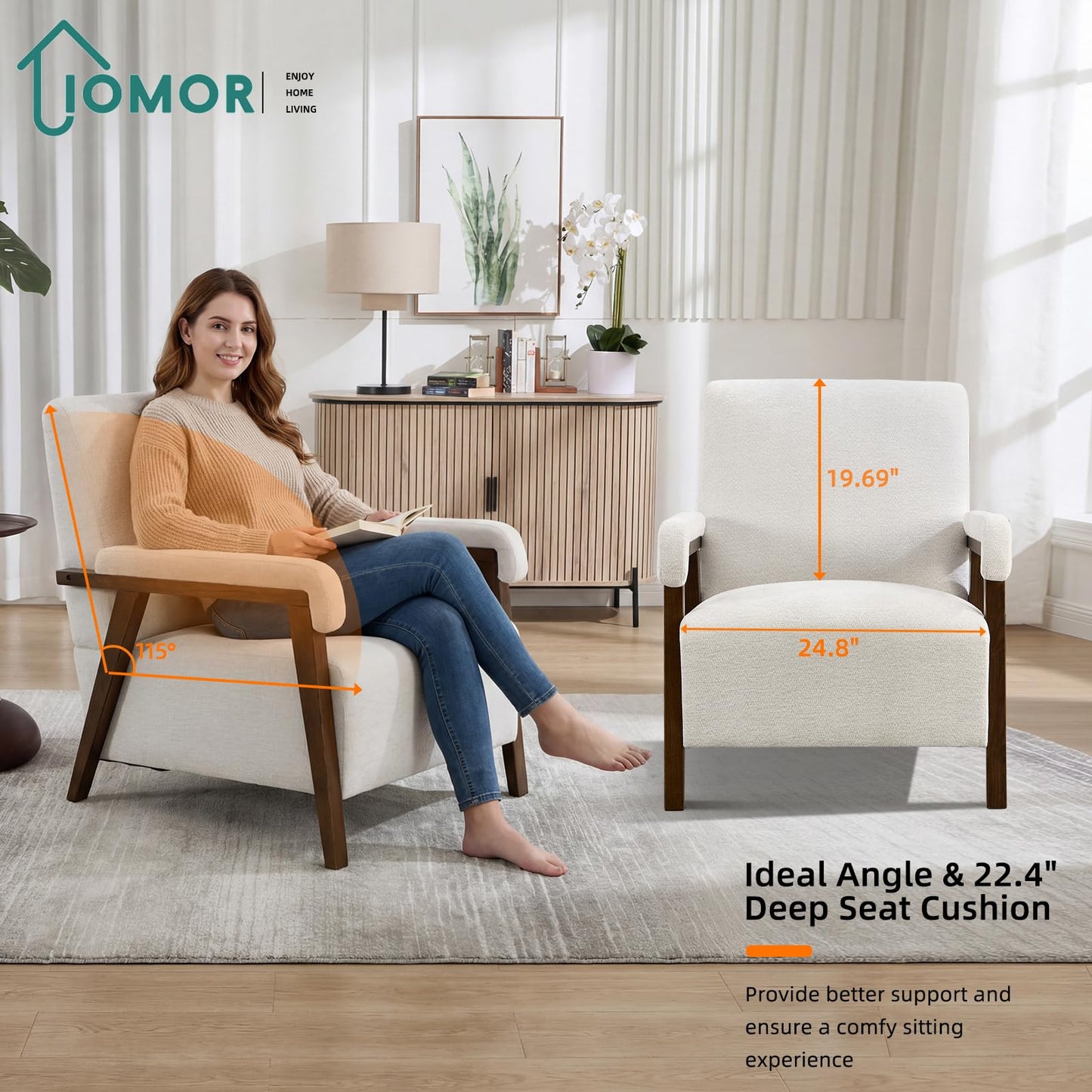 IOMOR Mid Century Modern Accent Chair, Upholstered Armchair with Thick Seat Cushion and Solid Wood Frame, Thick and Comfy Seat Cushion, Short Plush Fabric Arm Chair for Living Room(1,White)