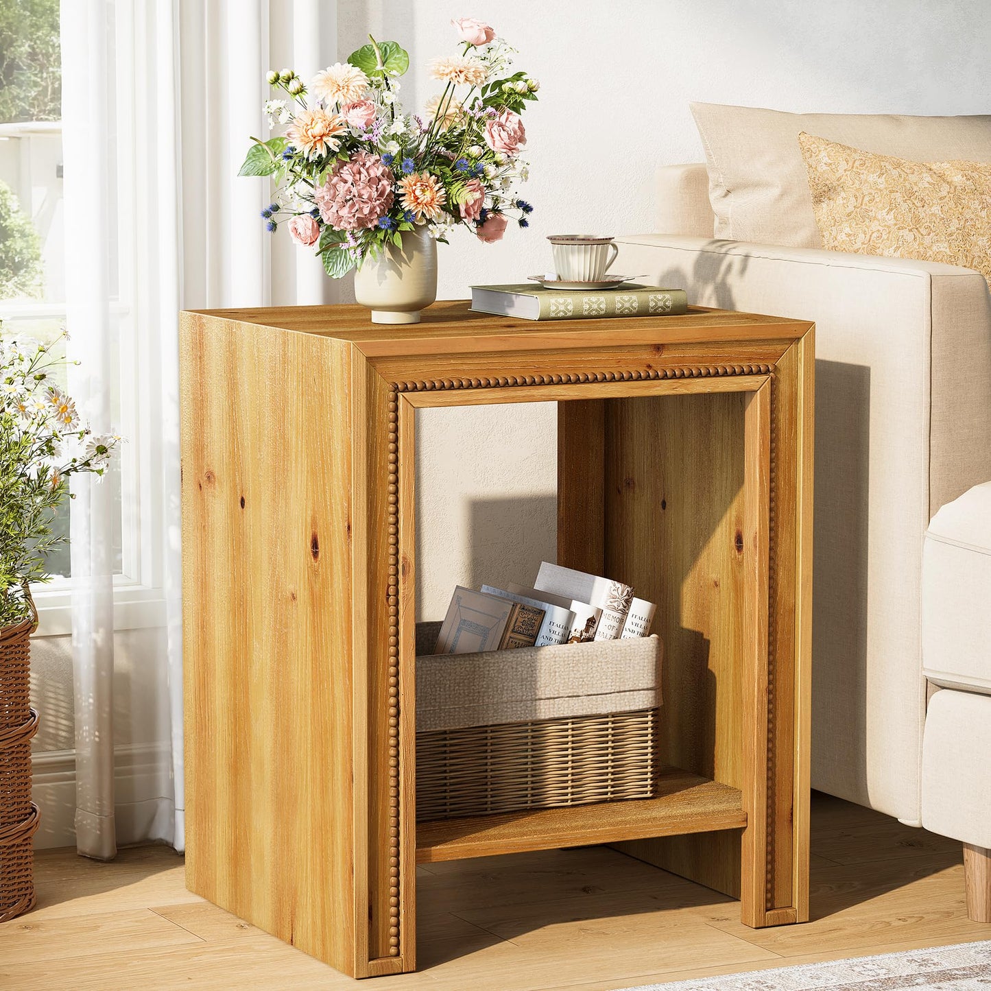 Solid Wood End Table, 2-Tier Farmhouse Side Table with Storage Shelves, Rustic Narrow Nightstand for Small Spaces, Living Room, Bedroom, Warm Brown (2)