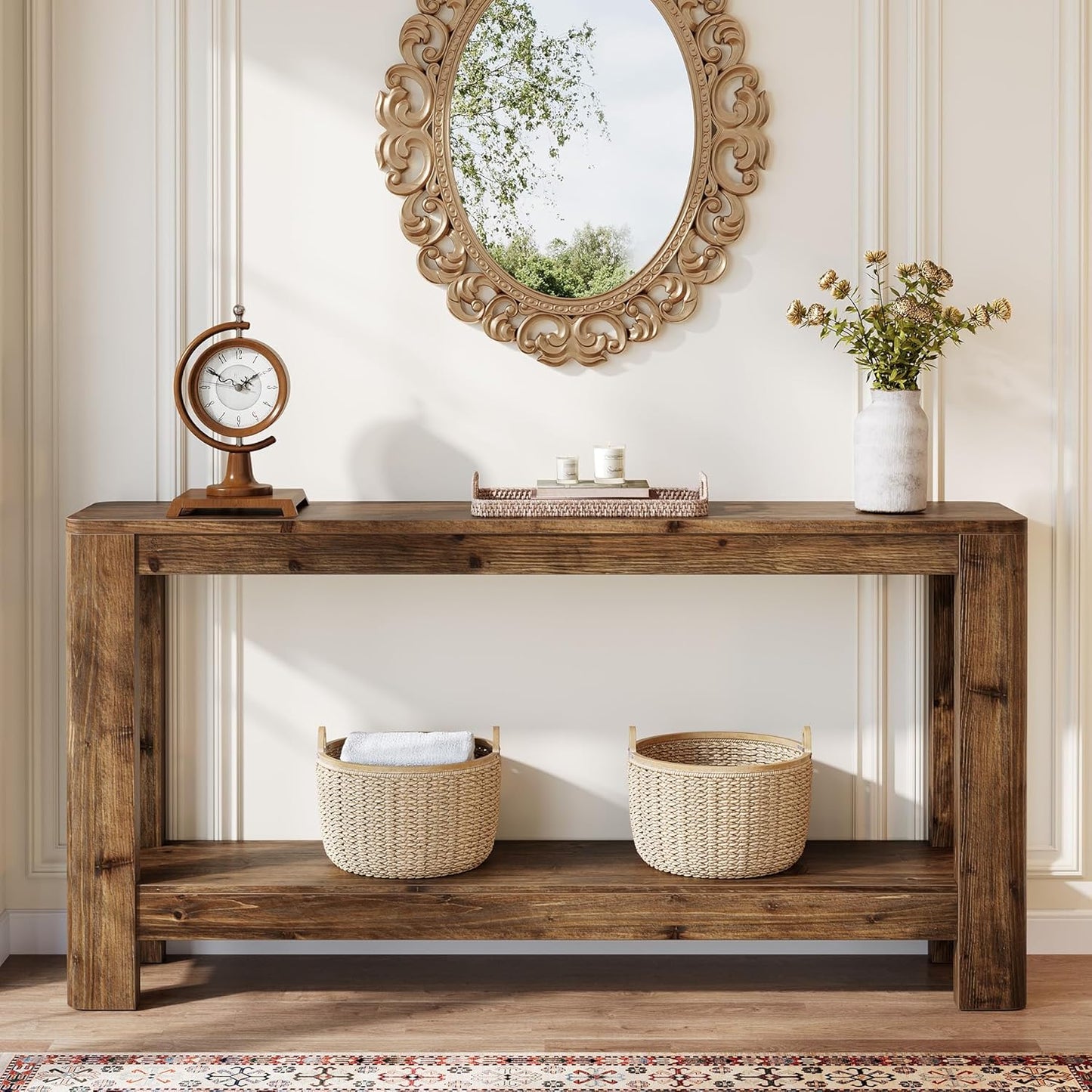 Solid Wood Console Table for Entryway, 63" Farmhouse Slim Sofa Table with 2-Tier Storage Shelf, Rustic Modern Narrow Hall Entry Furniture for Living Room, Entrance, Foyer, Hallway or Bedroom