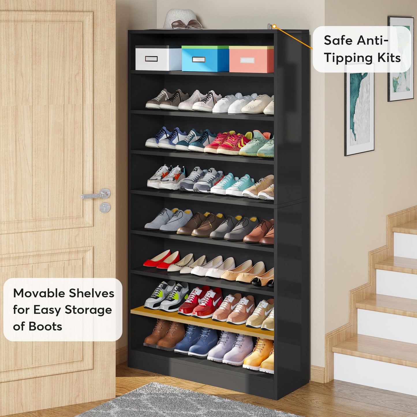 Tribesigns Shoe Cabinet, 9 Tiers 40-45 Pairs Heavy Duty Wood Freestanding Shoe Storage Cabinet, 70.8'' Tall Shoe Cabinet with Open Storage for Entryway, White