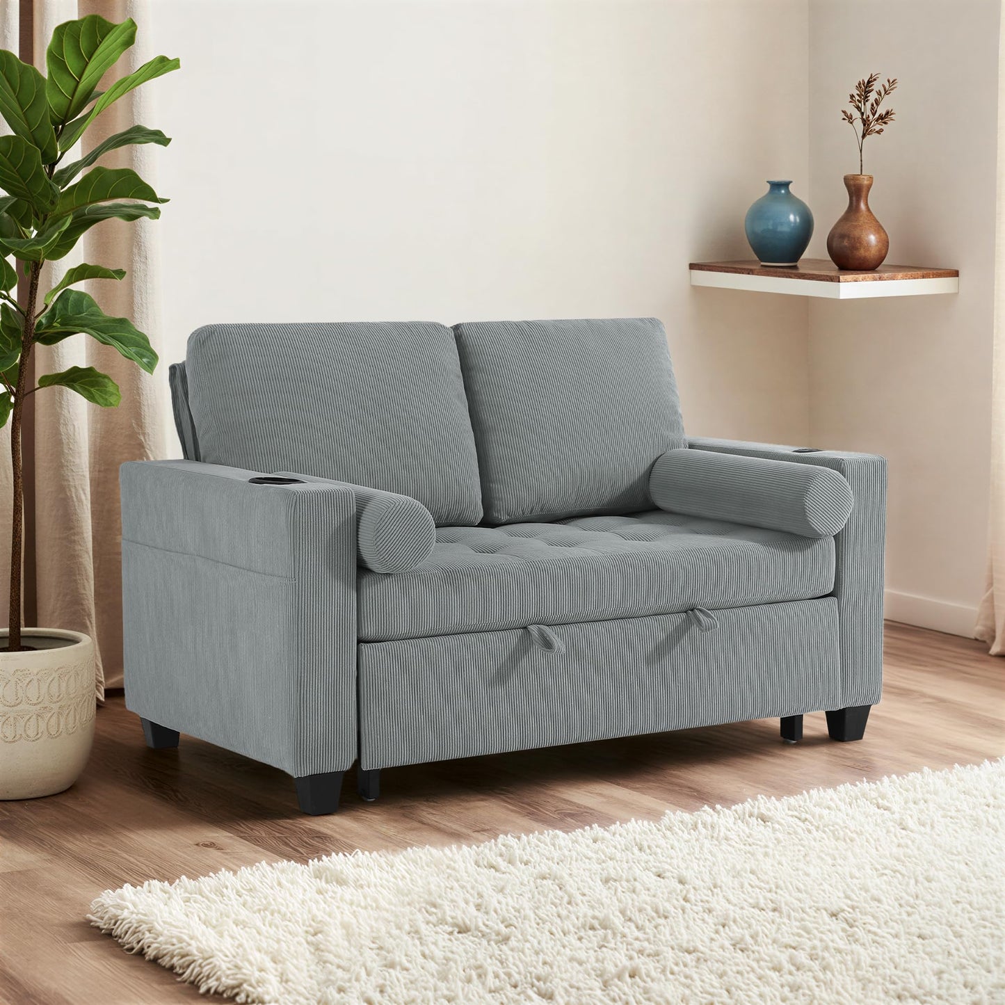 Sleeper Sofa Chair Bed, 3-in-1 Convertible Sleeper Chair with Pull Out Bed, Comfy Corduroy Sofa Bed Couch with Reclining Adjustable Backrest, USB Ports, Cup Holder, Side Pocket (Gray, 38.8")