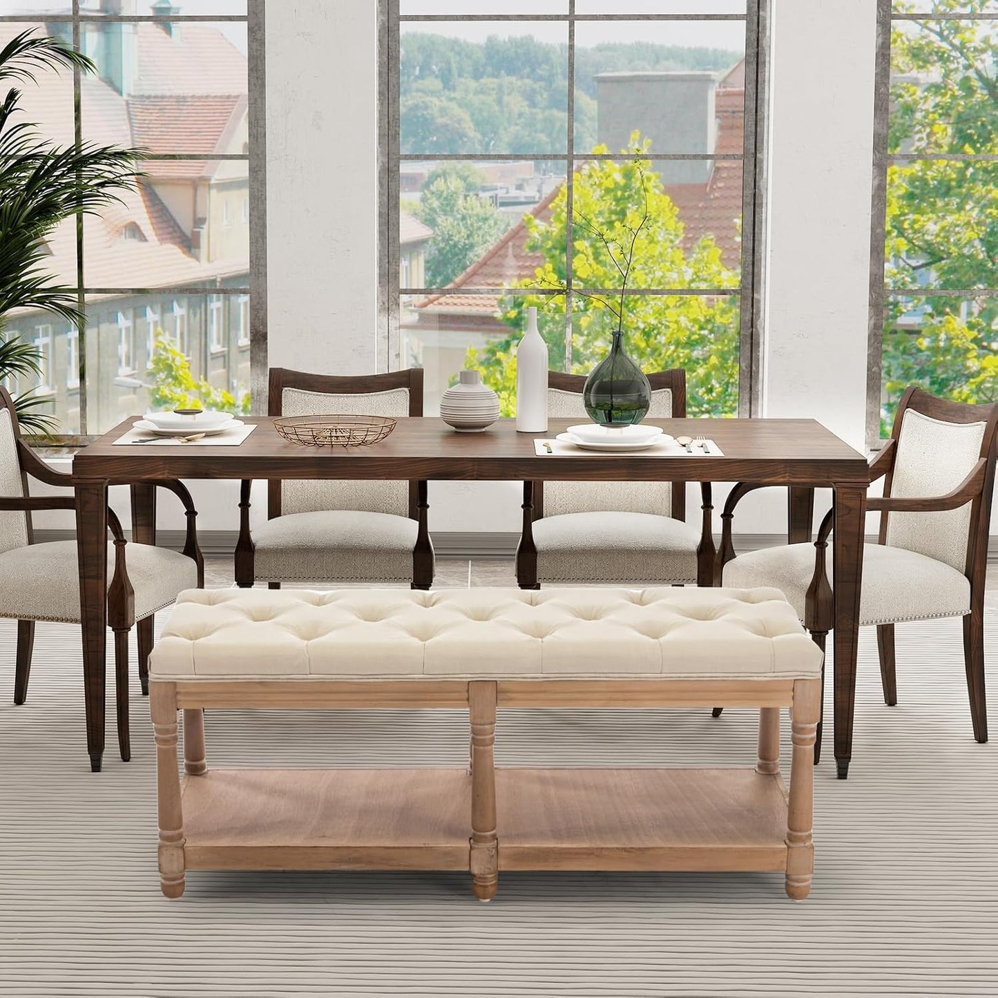 IOMOR Tufted Long Entryway Bench with Storage Shelf, 45” French Mid Century Modern Upholstered Dining Benches, Fabric End of Bed Bench for Bedroom, Dining Room, Living Room