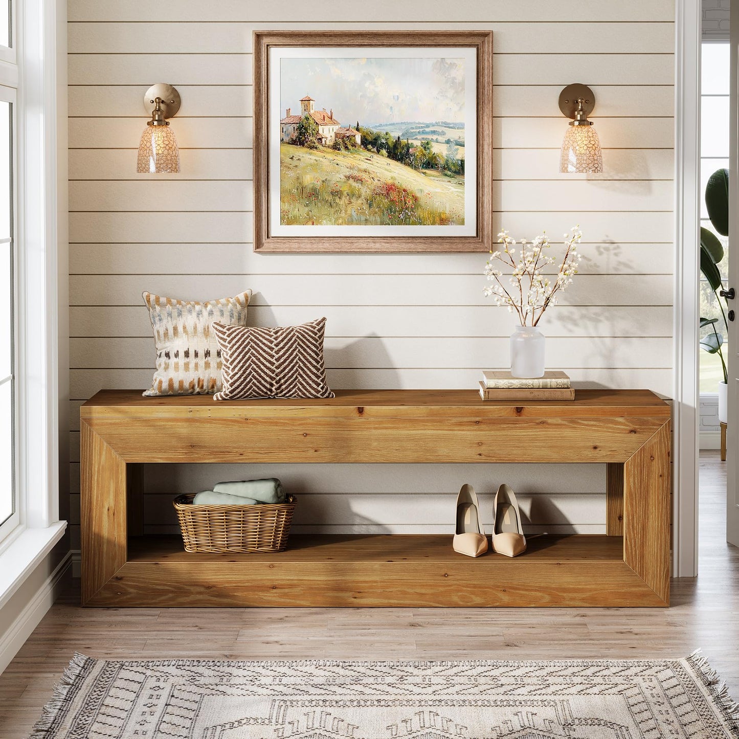 Solid Wood Entryway Bench, 47" Rustic Farmhouse Indoor Bench Seat with Storage Shelf for Entrance, Hallway, End of Bed
