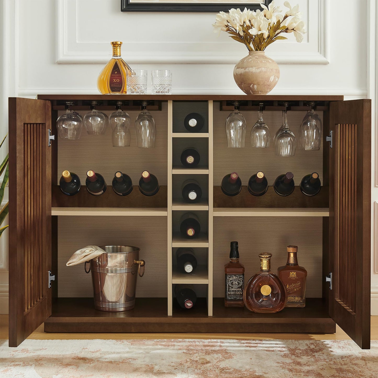 LKTART Wine Cabinet & Coffee Bar with Bottle Holders & Stemware Racks,Liquor Cabinet with Open Storage and Built-in Door Shelves,Bar Cabinet with Solid Wood Legs and Adjustable Shelf
