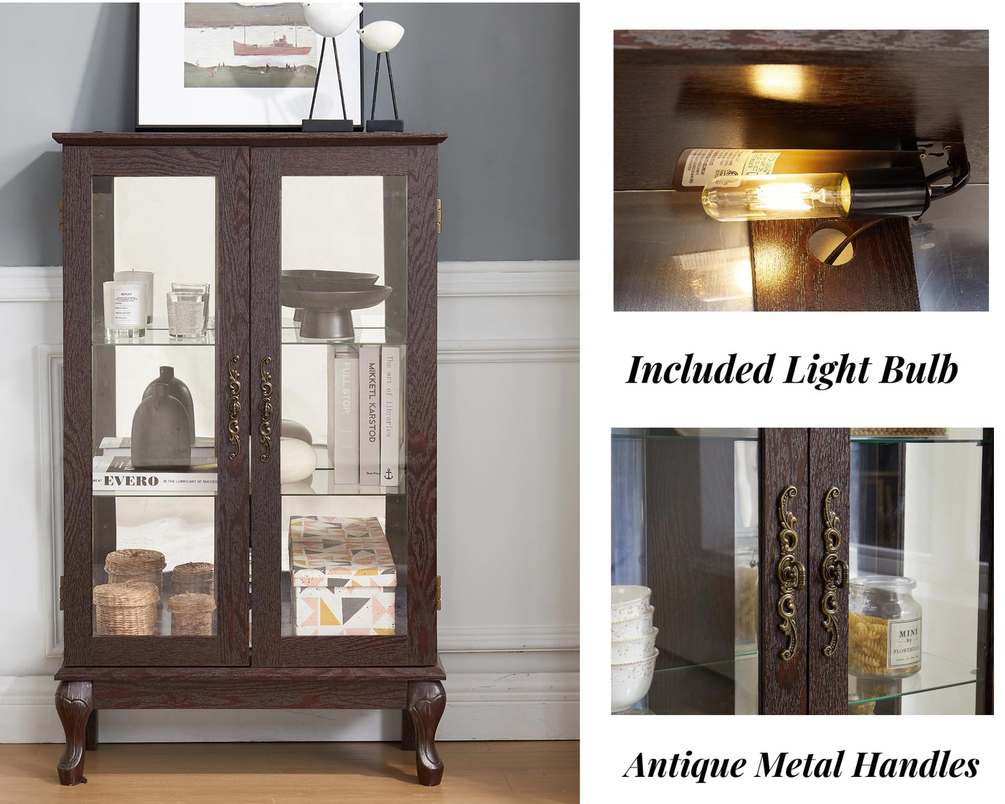 LKTART Curio Glass Display Cabinet,Storage Cabinet with Lights and Mirrored Back Panel,China Cabinet with Tempered Glass Doors and Shelves,Collectible Display Shelf,Included Bulb White
