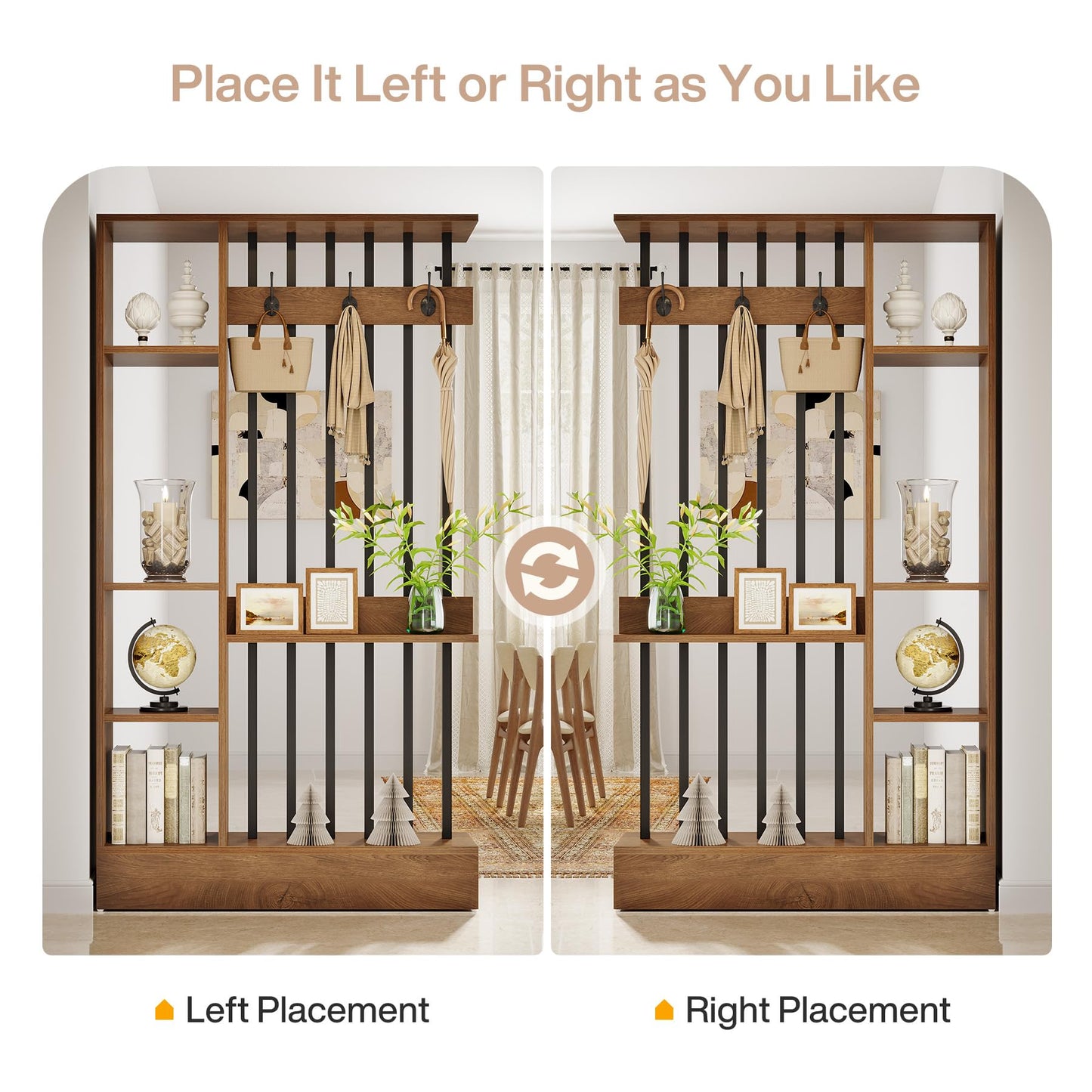 Tribesigns Wall Room Divider, Wood Freestanding Room Divider Bookcase with Shelves & Coat Hooks, 71" Modern Wall Partition for Home & Office Decorative, Brown
