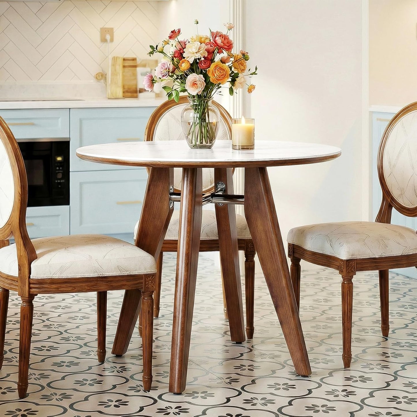 31.5" Round Dining Table, Modern Sintered Stone Kitchen Table with Solid Wood Legs for Dining Room, Living Room, Small Space, Glossy White & Brown