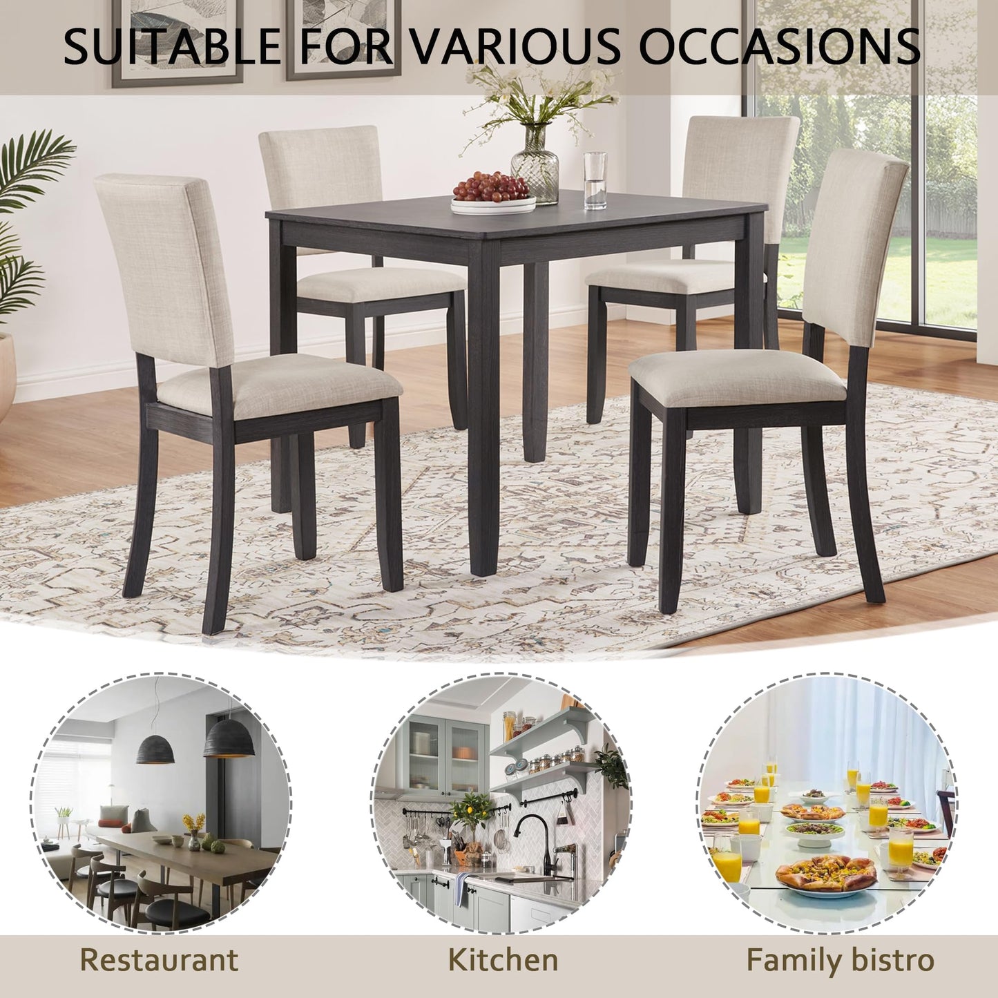 LKTART 5-Piece Kitchen & Dining Room Table and Chairs Sets,Small Square Kitchen Table with 4 Upholstered XX-Shaped Backrest Chairs,Walnut