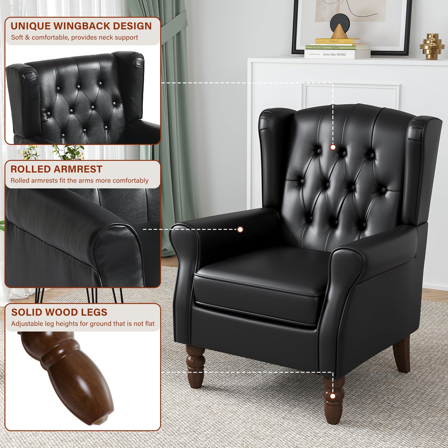 Faux Leather Wingback Chairs Set of 2, High Back Accent Chair for Living Room, Button-Tufted Upholstered Armchair with Solid Wood Legs, Comfy Reading Chair for Bedroom, Brown