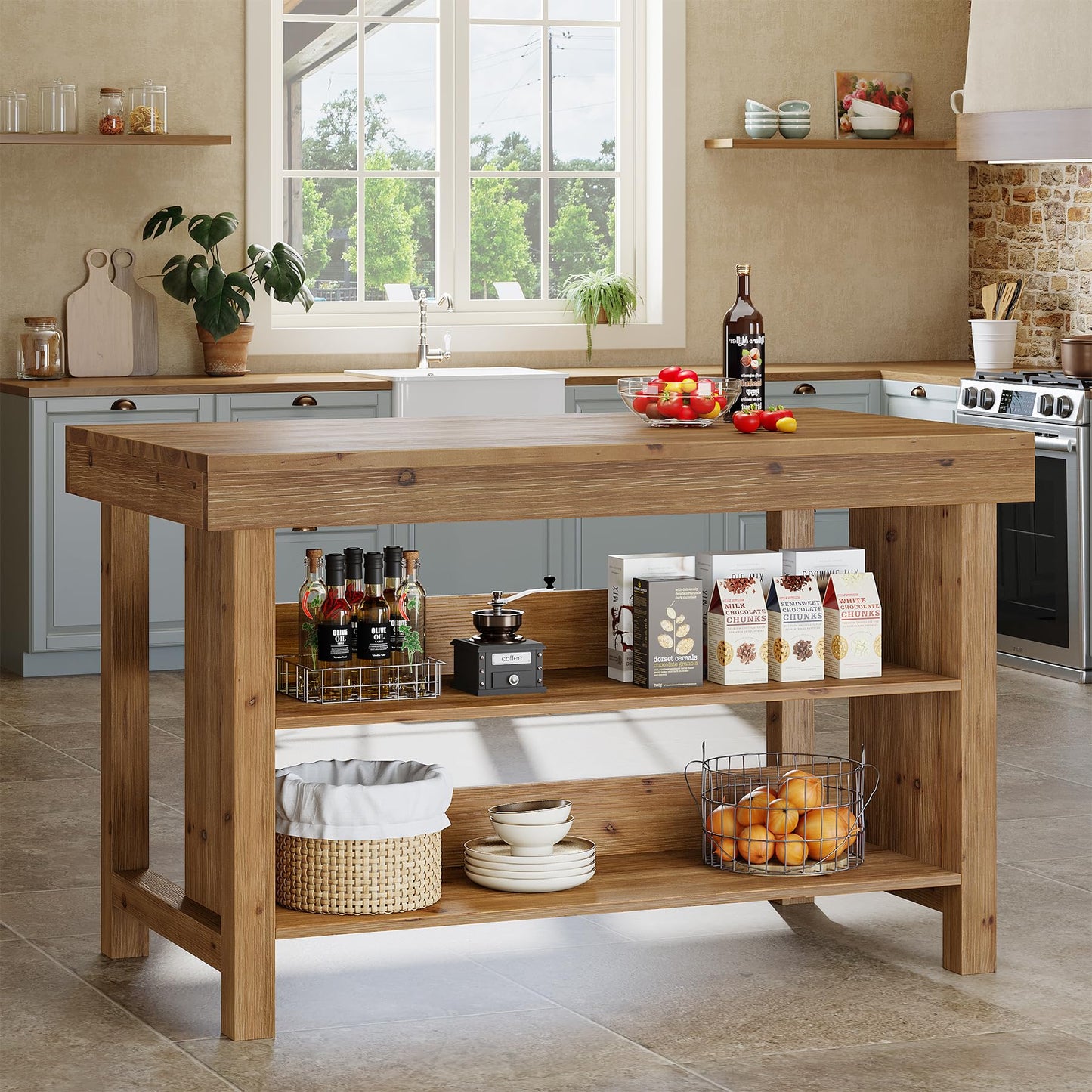 Solid Wood Large Kitchen Island, 3-Tier 55 Inch Stationary Center Island Table with Open Storage Shelves, Farmhouse Counter Height Coffee Bar for Kitchen, Dining Room, Living Room, Brown